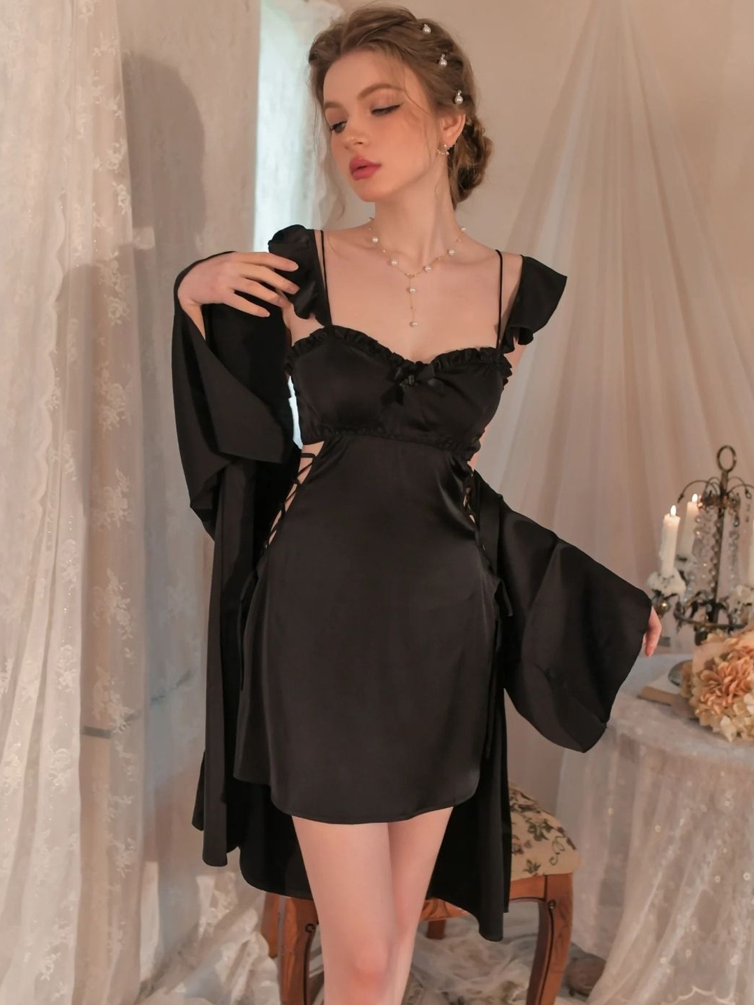 

XPIOX Women Satin Baby Doll With Robe, Black