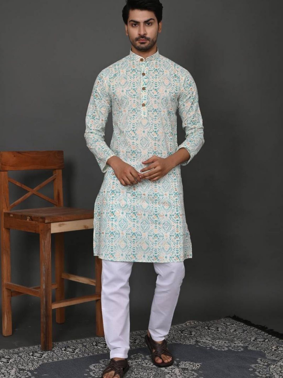 

Hues Fab Ethnic Motifs Printed Band Collar Pure Cotton Kurta with Pyjama, White