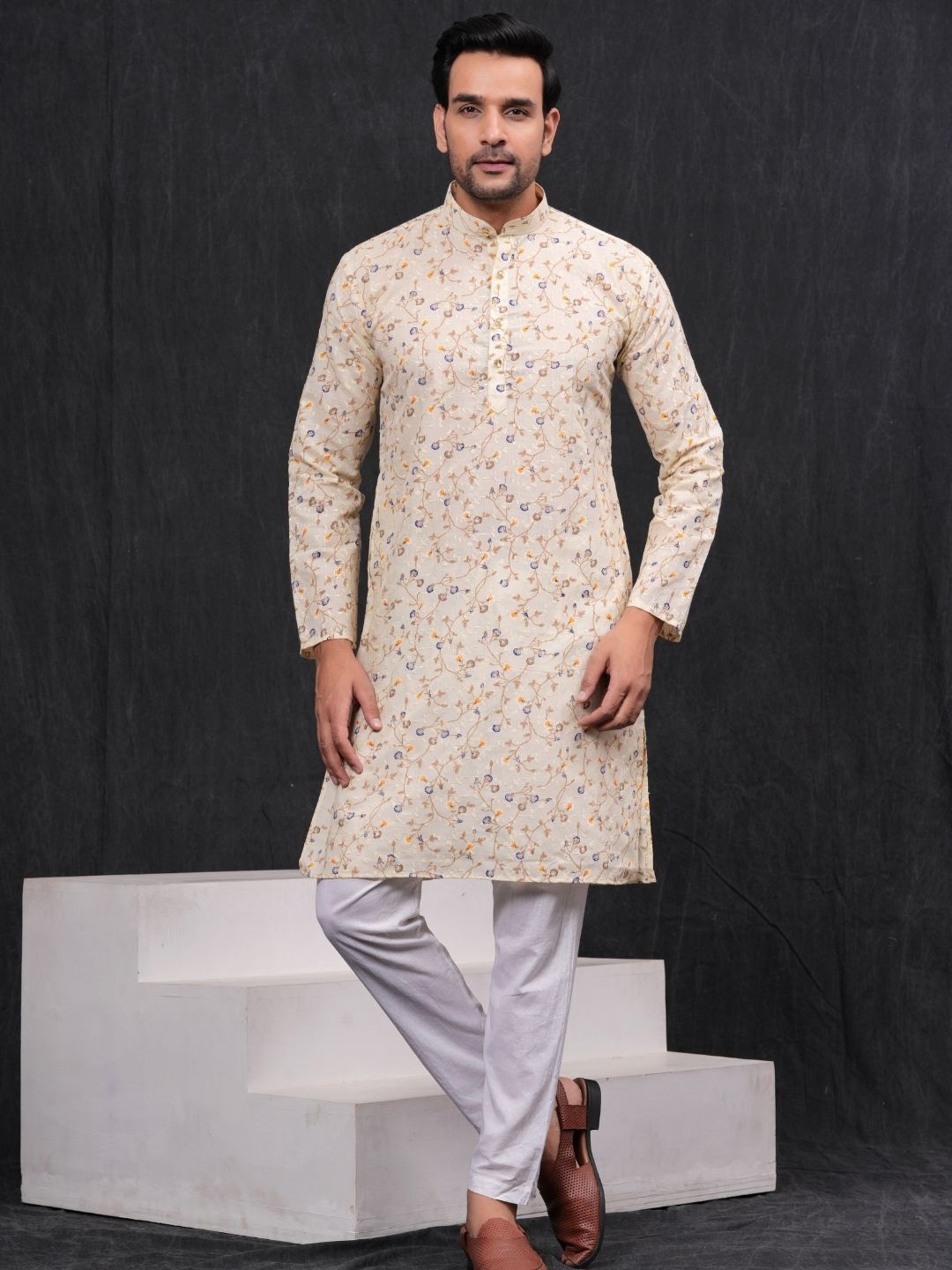 

Hues Fab Floral Embroidered Chikankari Mandarin Collar Pure Cotton Kurta with Pyjama, Cream