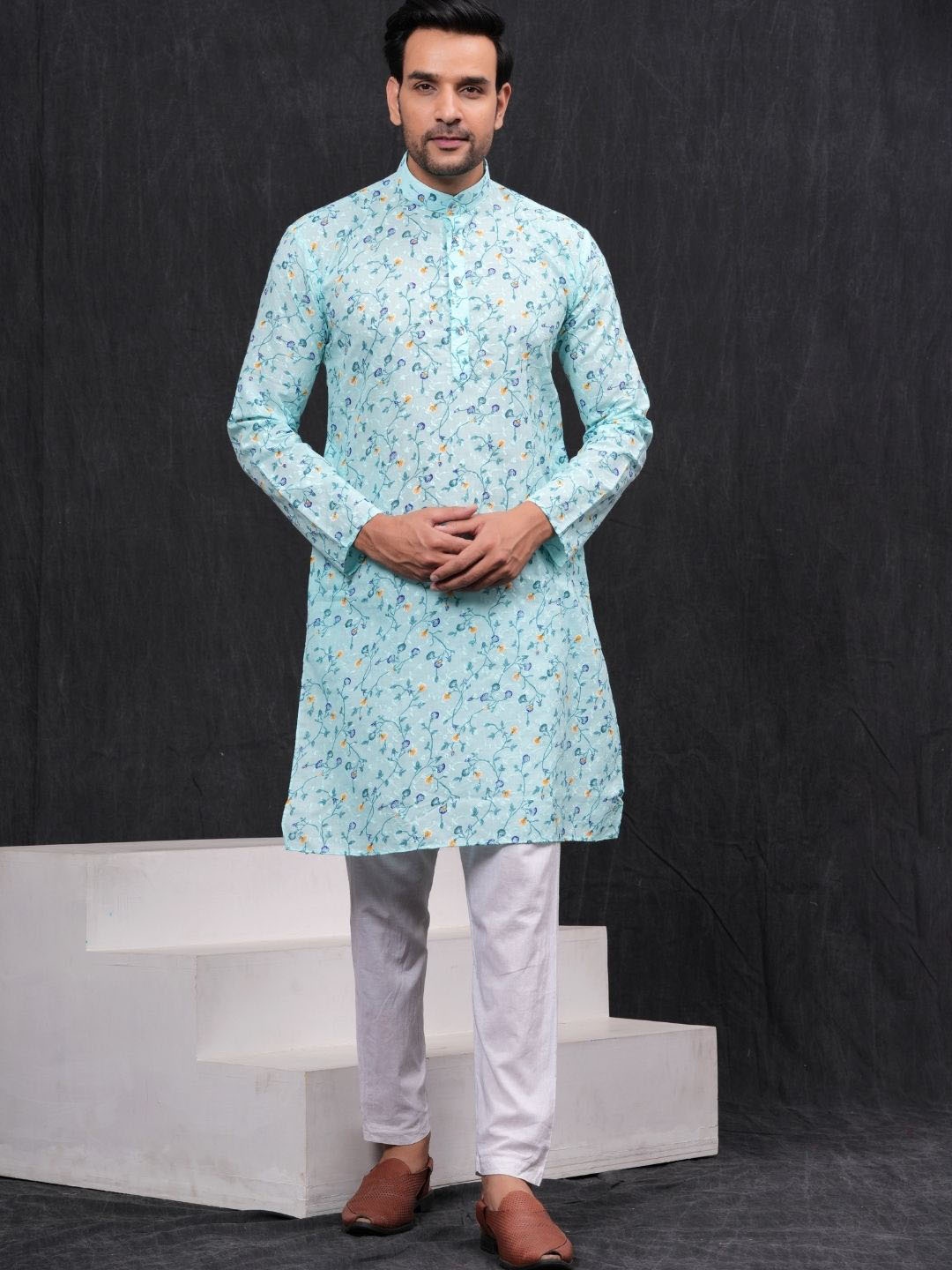 

Hues Fab Floral Embroidered Chikankari Mandarin Collar Pure Cotton Kurta With Pyjama, Blue