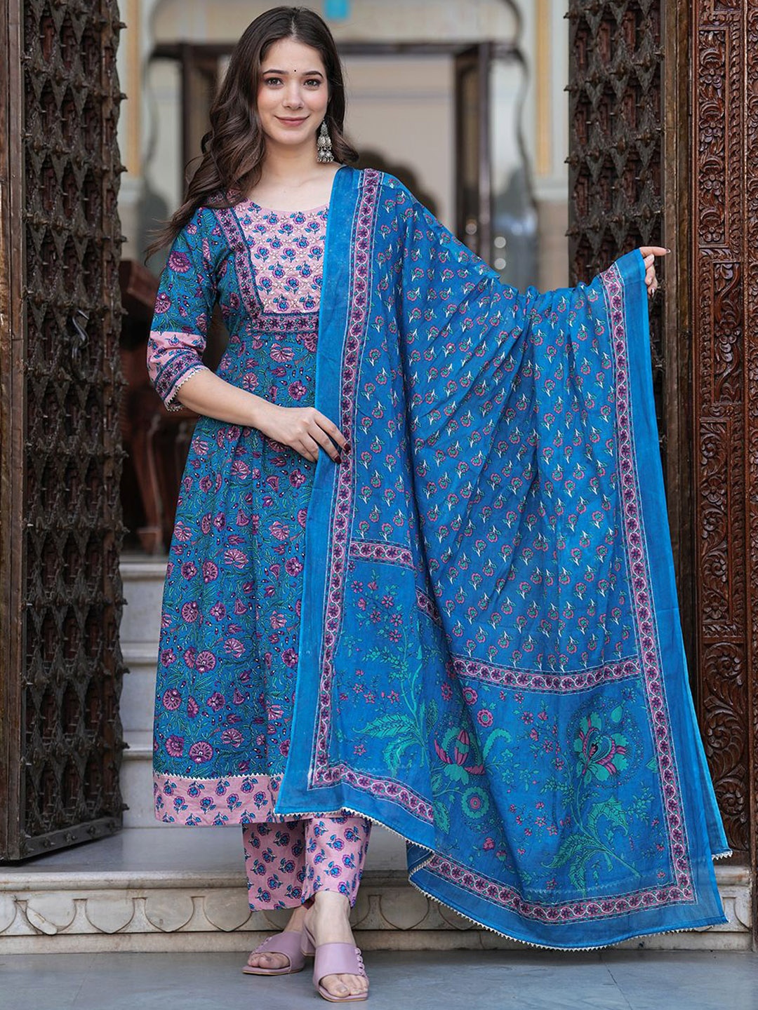 

ERISHA Women Floral Printed Layered Sequinned Pure Cotton Kurta with Trousers & With Dupatta, Blue