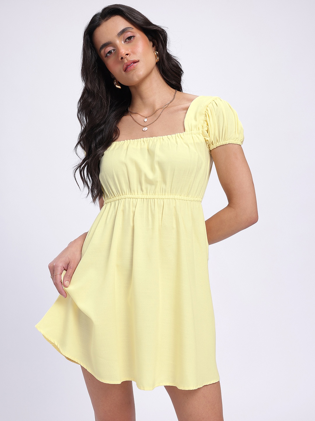 

glitchez Cottagecore Chic Square Neck Fit & Flare Mini Dress, Yellow