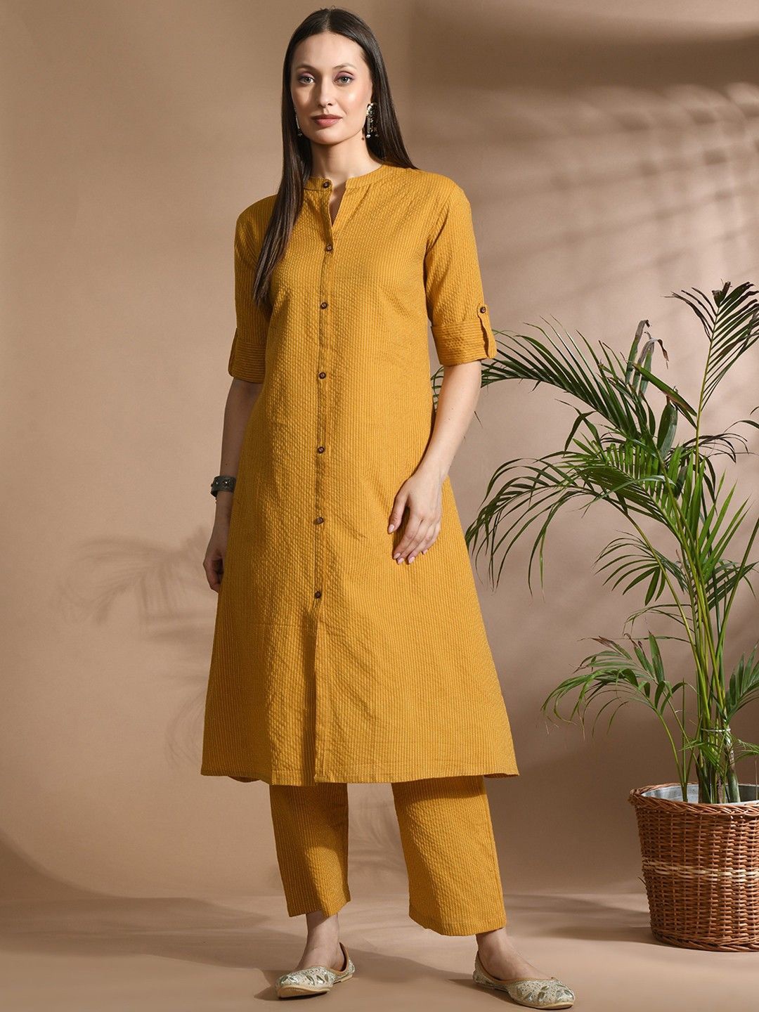 

BAESD Striped Mandarin Collar Pure Cotton A-Line Kurta With Trouser, Mustard