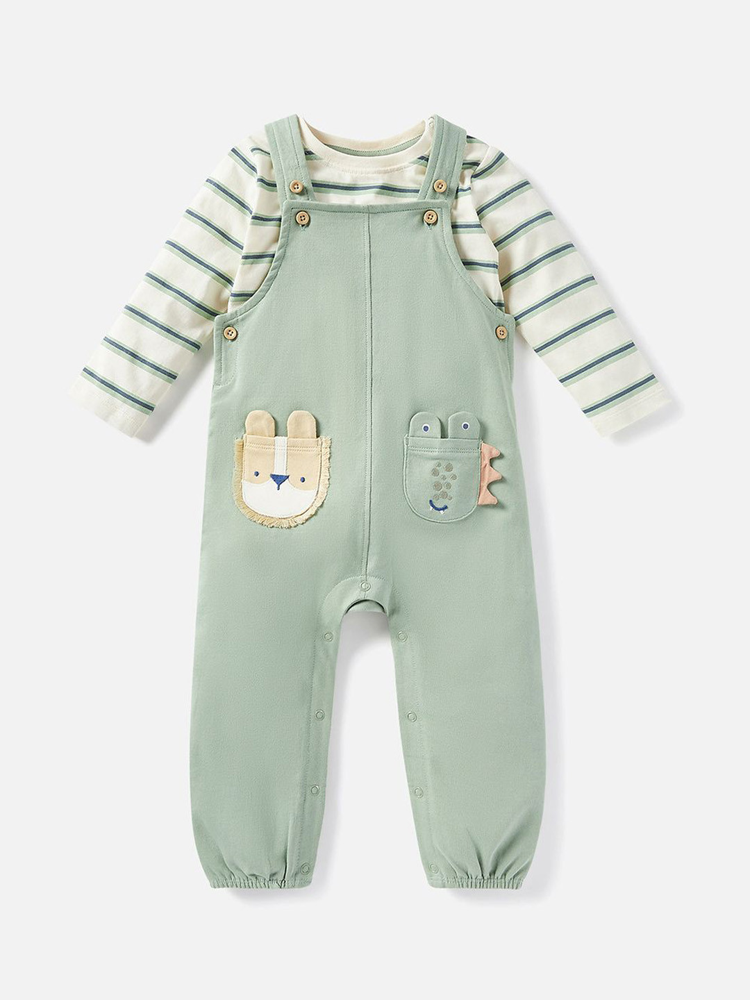 

Juniors by Babyshop Boys Striped Cotton T-shirt with Dungaree Set, Green