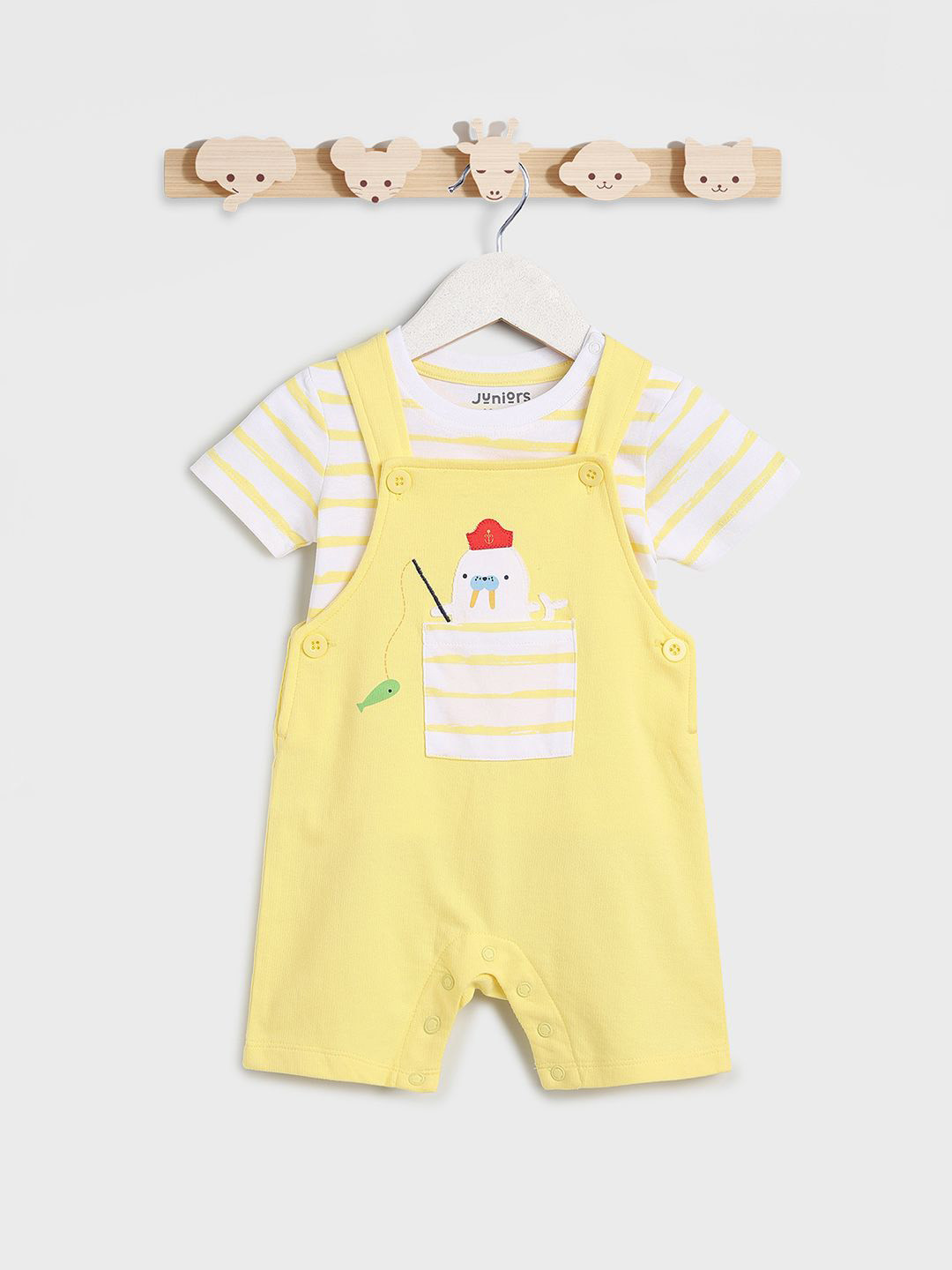 

Juniors by Babyshop Infant Boys Striped Cotton T-shirt with Dungaree Set, Yellow