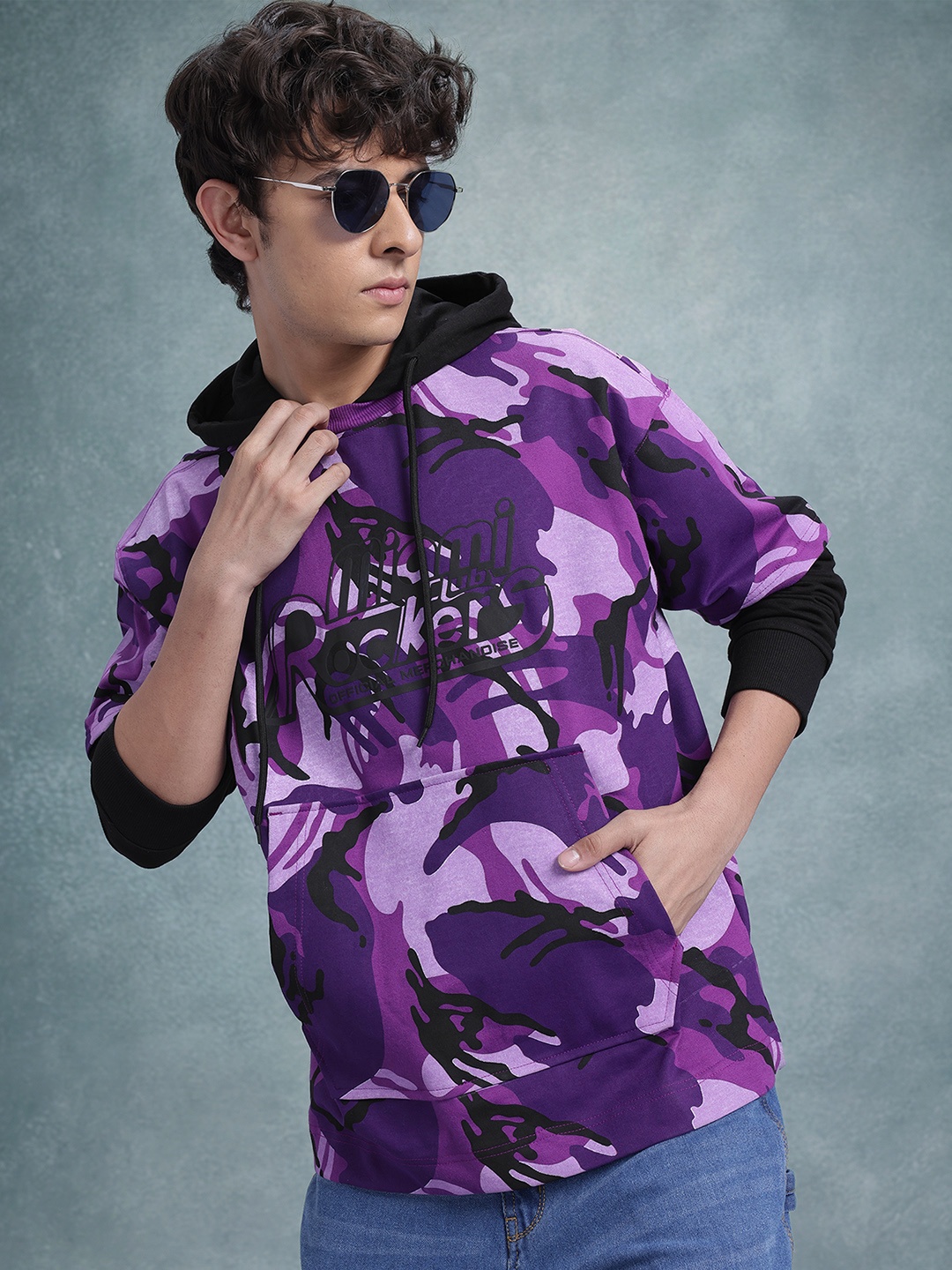 

The Roadster Lifestyle Co. Abstract Printed Doctor Sleeve Hooded Pure Cotton Sweatshirt, Purple