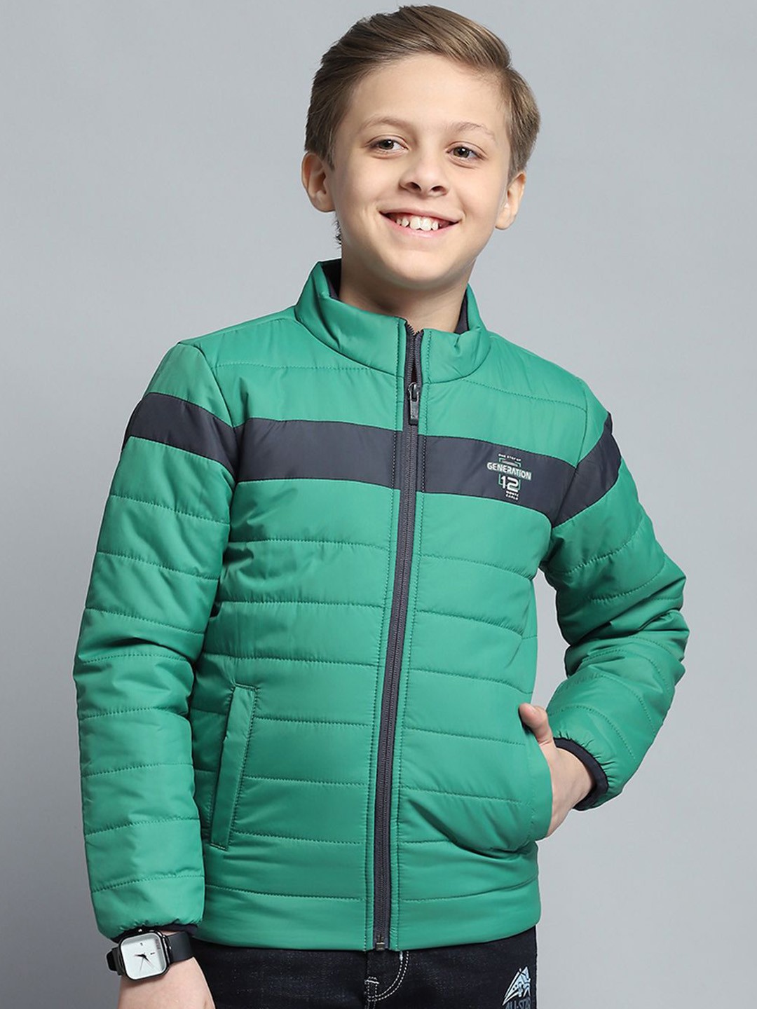 

Monte Carlo Boys Mock Collar Striped Casual Lightweight Padded Jacket, Green
