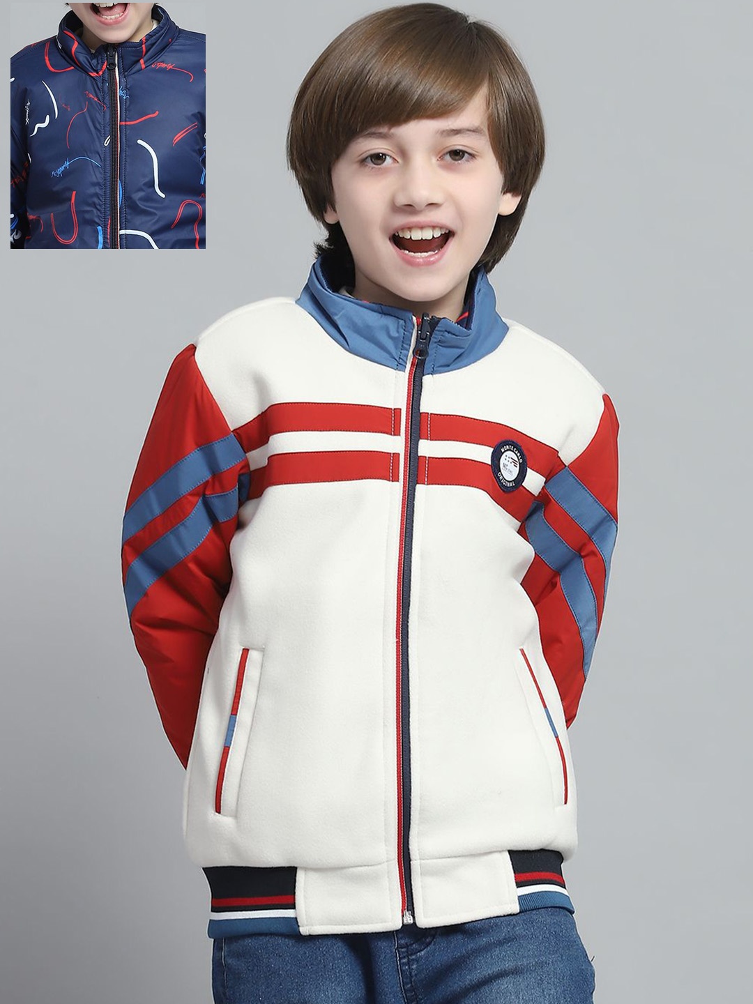 

Monte Carlo Boys Mock Collar Striped Casual Reversible Bomber Jacket, White