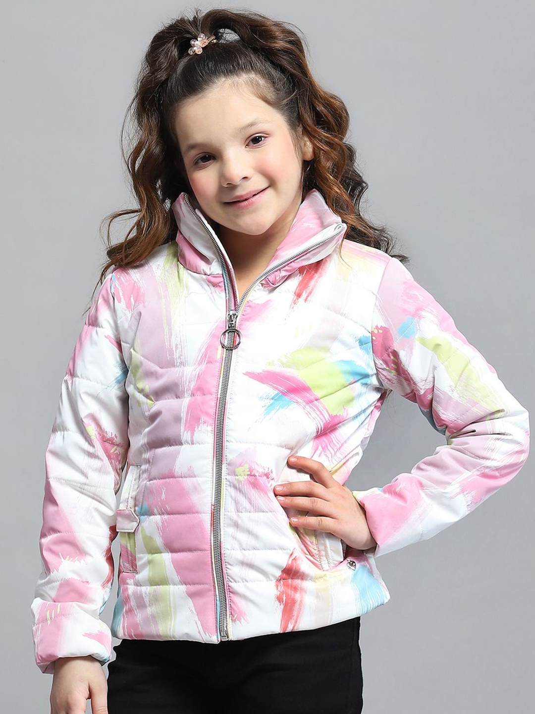 

Monte Carlo Girls Mock Collar Abstract Printed Casual Lightweight Padded Jacket, Pink