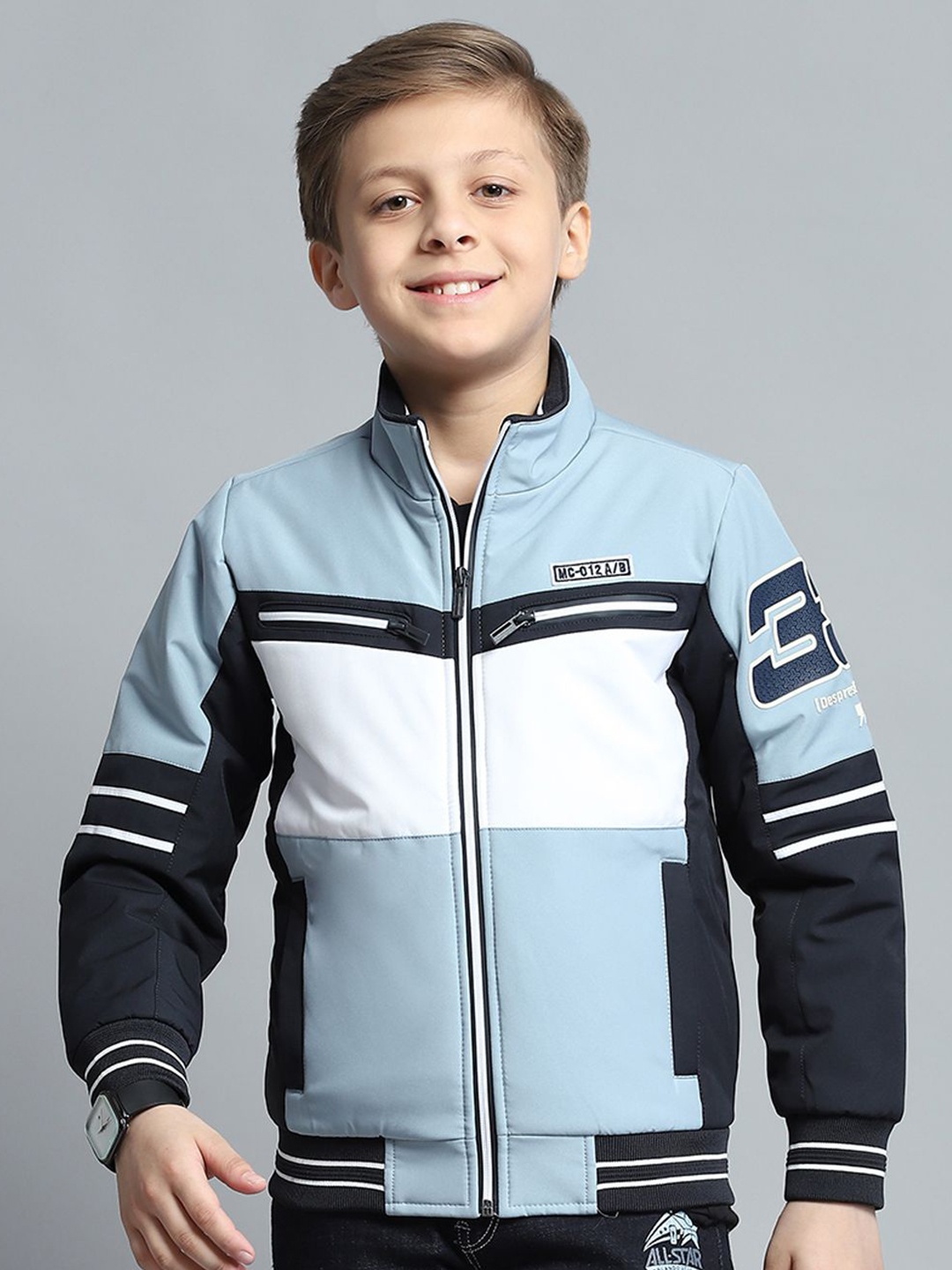 

Monte Carlo Boys Mock Collar Colourblocked Casual Lightweight Bomber Jacket, Blue