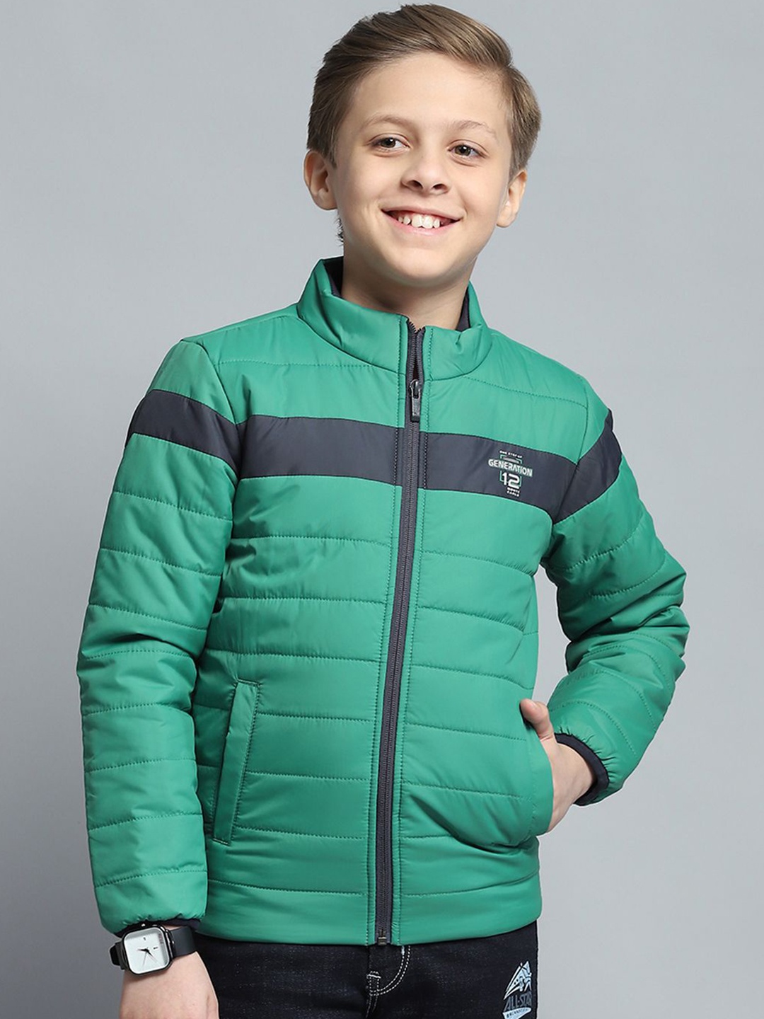 

Monte Carlo Boys Mock Collar Striped Casual Lightweight Padded Jacket, Green