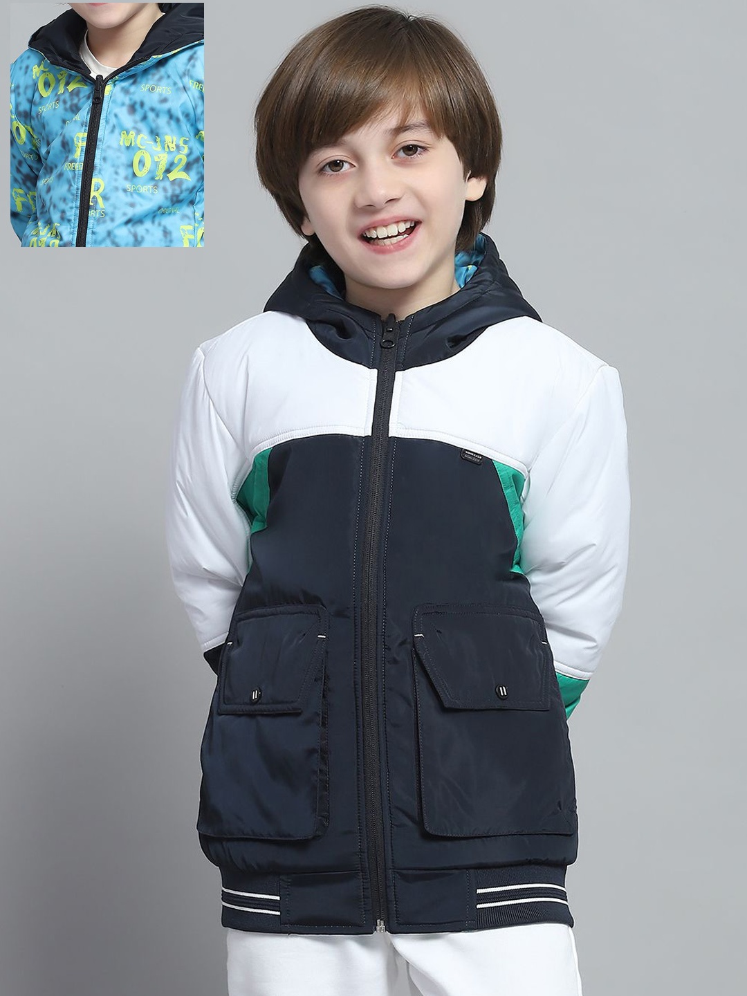 

Monte Carlo Boys Hooded Colourblocked Casual Reversible Bomber Jacket, Navy blue