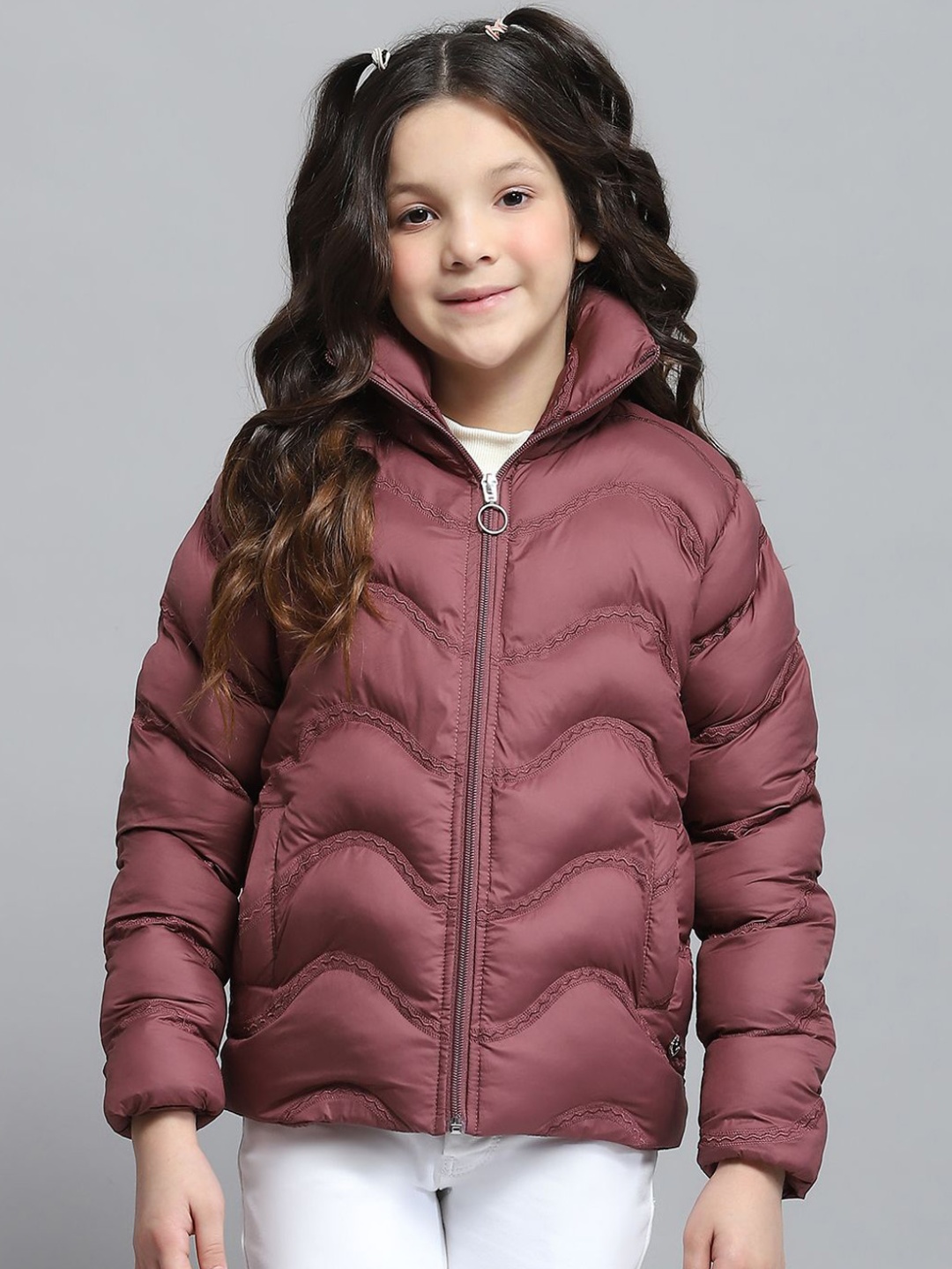 

Monte Carlo Girls Mock Collar Self Design Casual Lightweight Puffer Jacket, Maroon
