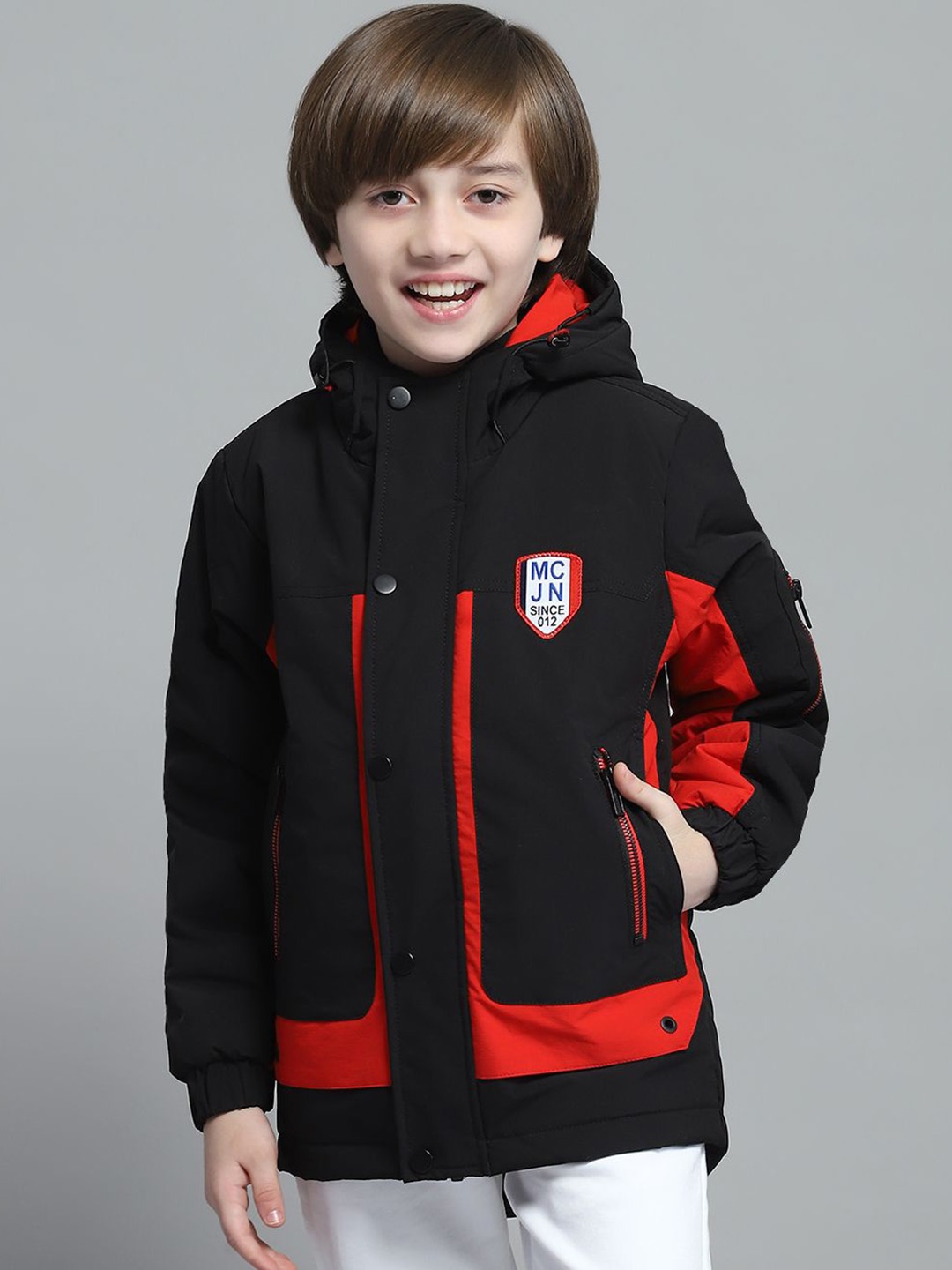 Monte Carlo Boys Hooded Colourblocked Casual Lightweight Padded Jacket, Black