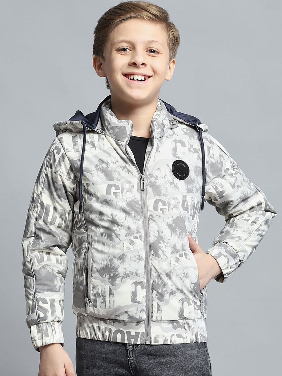 

Monte Carlo Boys Hooded Typography Printed Casual Lightweight Padded Jacket, Grey