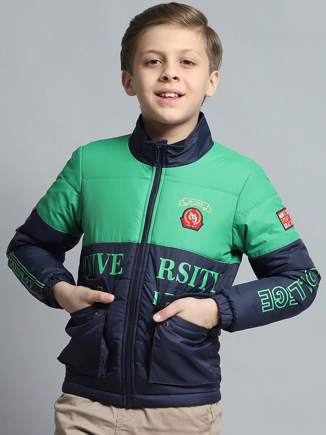 Monte Carlo Boys Mock Collar Colourblocked Casual Lightweight Padded Jacket, Navy blue