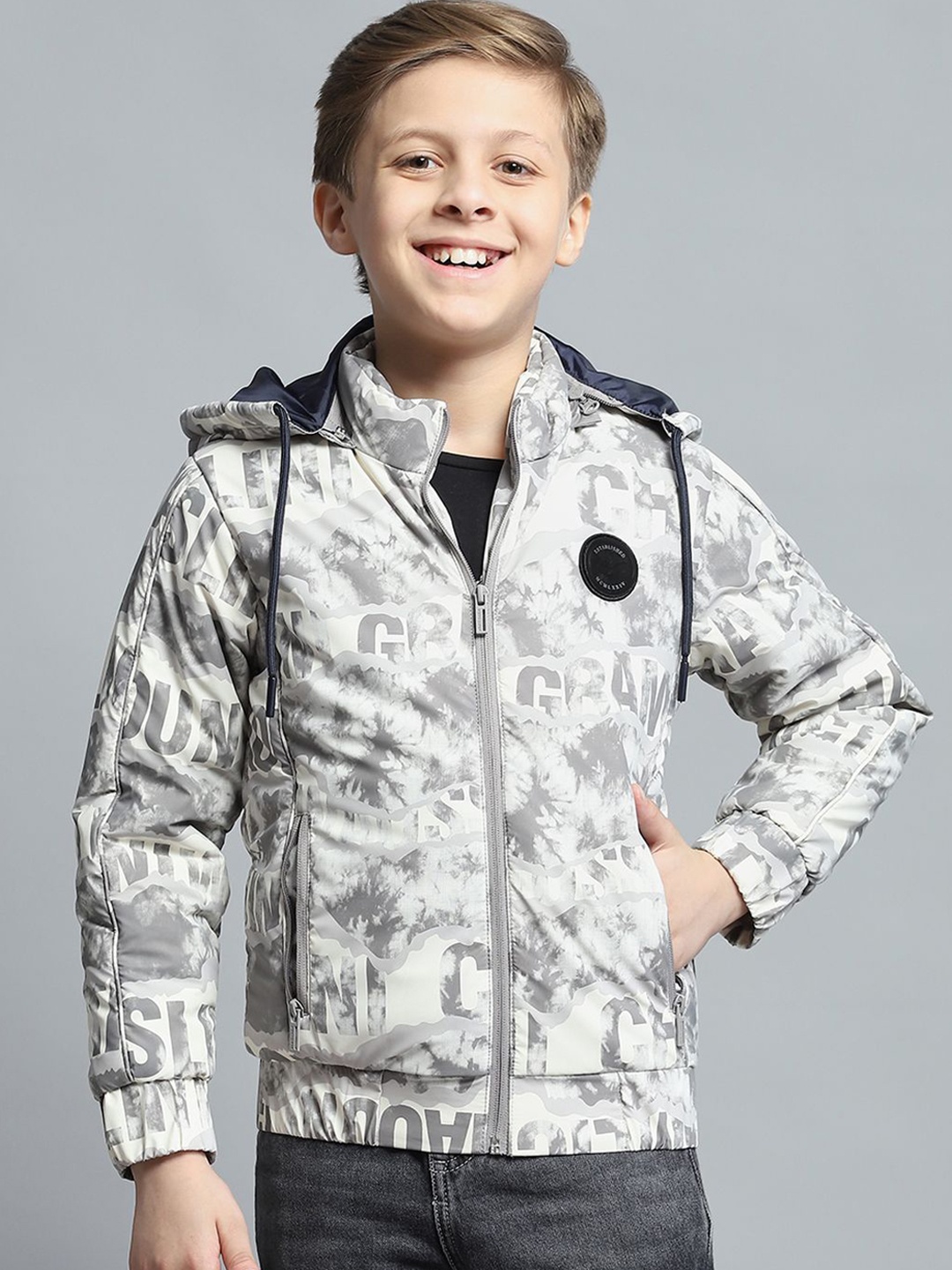 

Monte Carlo Boys Hooded Typography Printed Casual Lightweight Padded Jacket, Grey