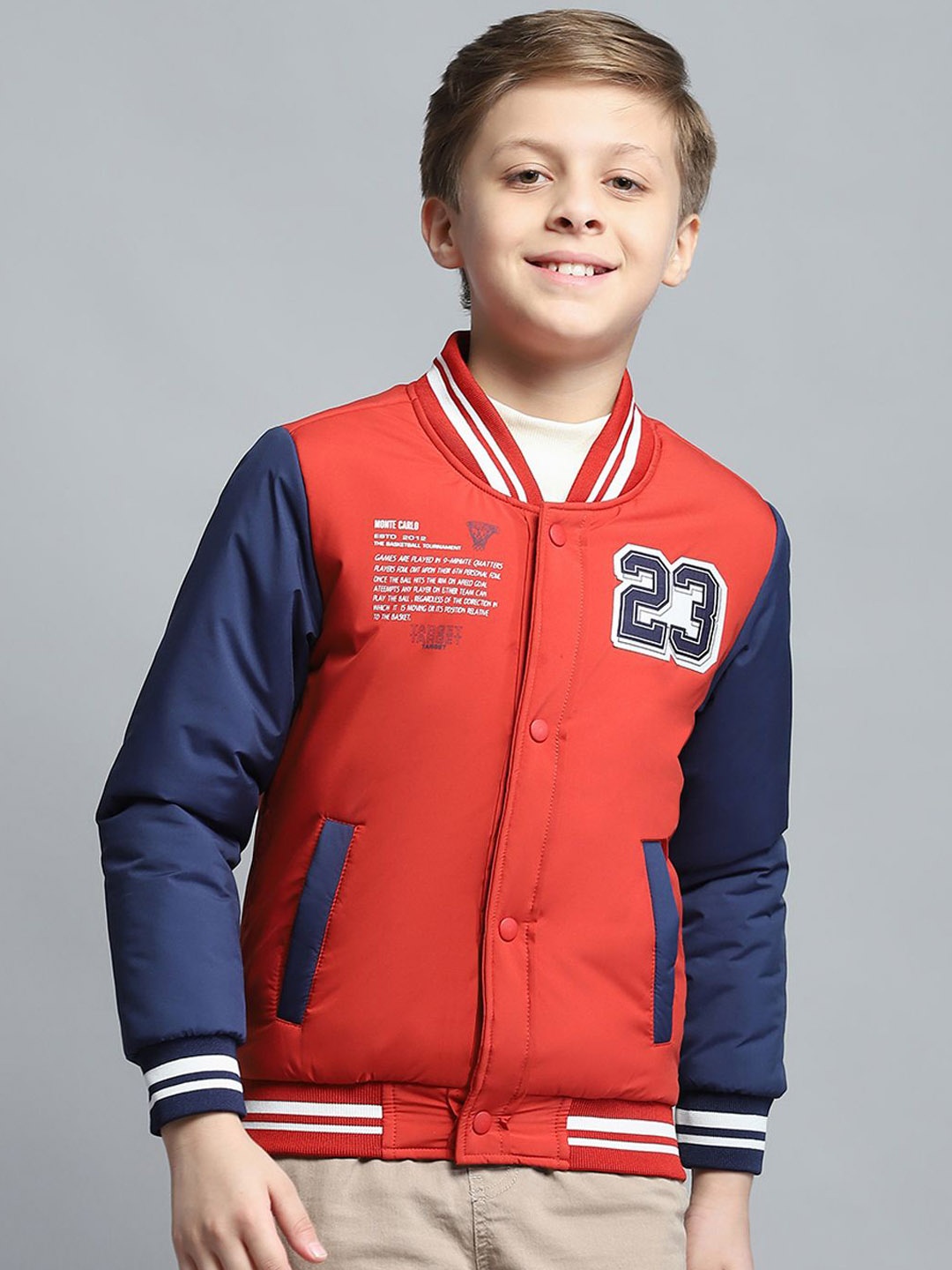 

Monte Carlo Boys Stand Collar Colourblocked Casual Lightweight Bomber Jacket, Red