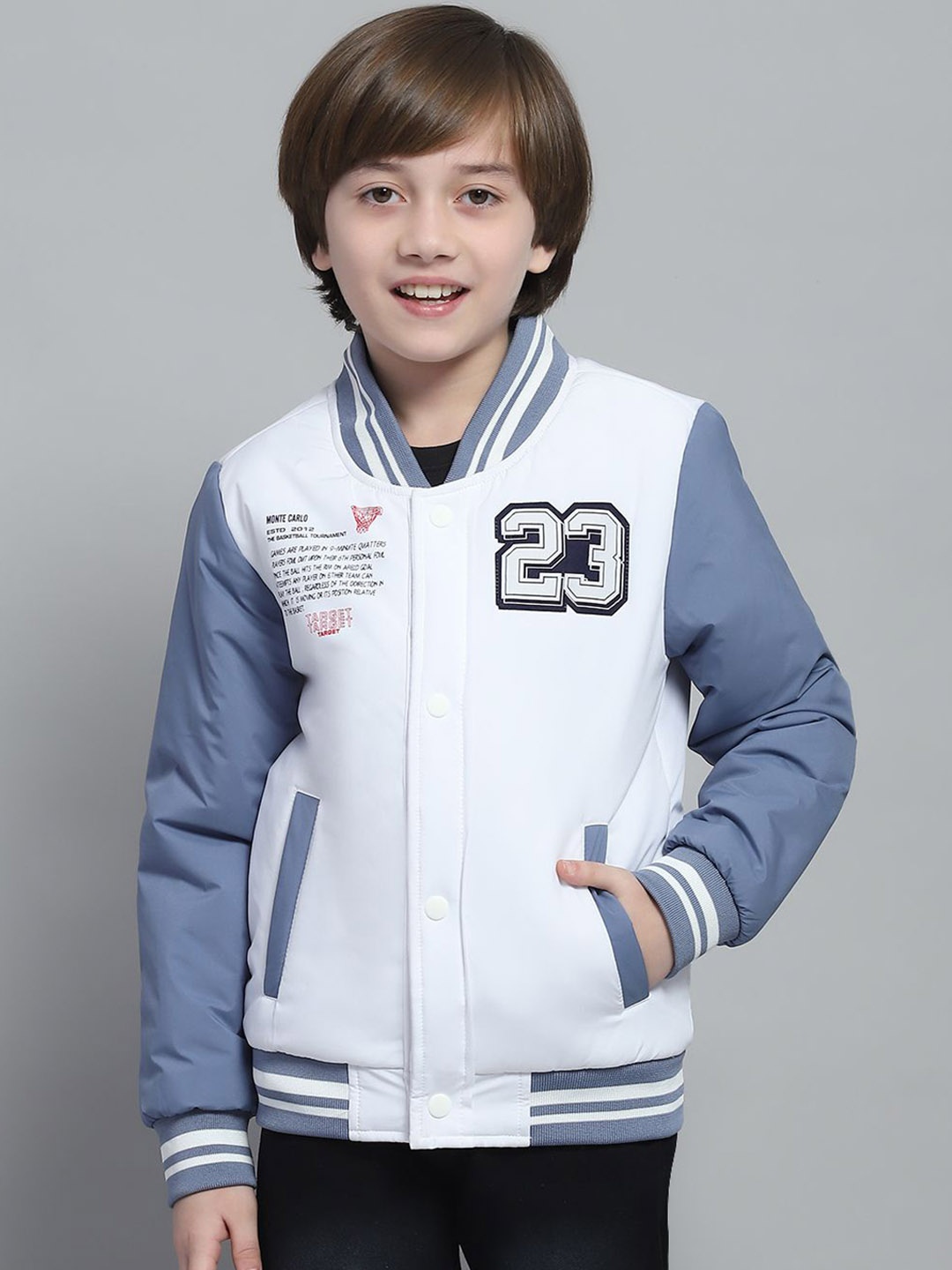 Monte Carlo Boys Stand Collar Colourblocked Casual Lightweight Varsity Jacket, White