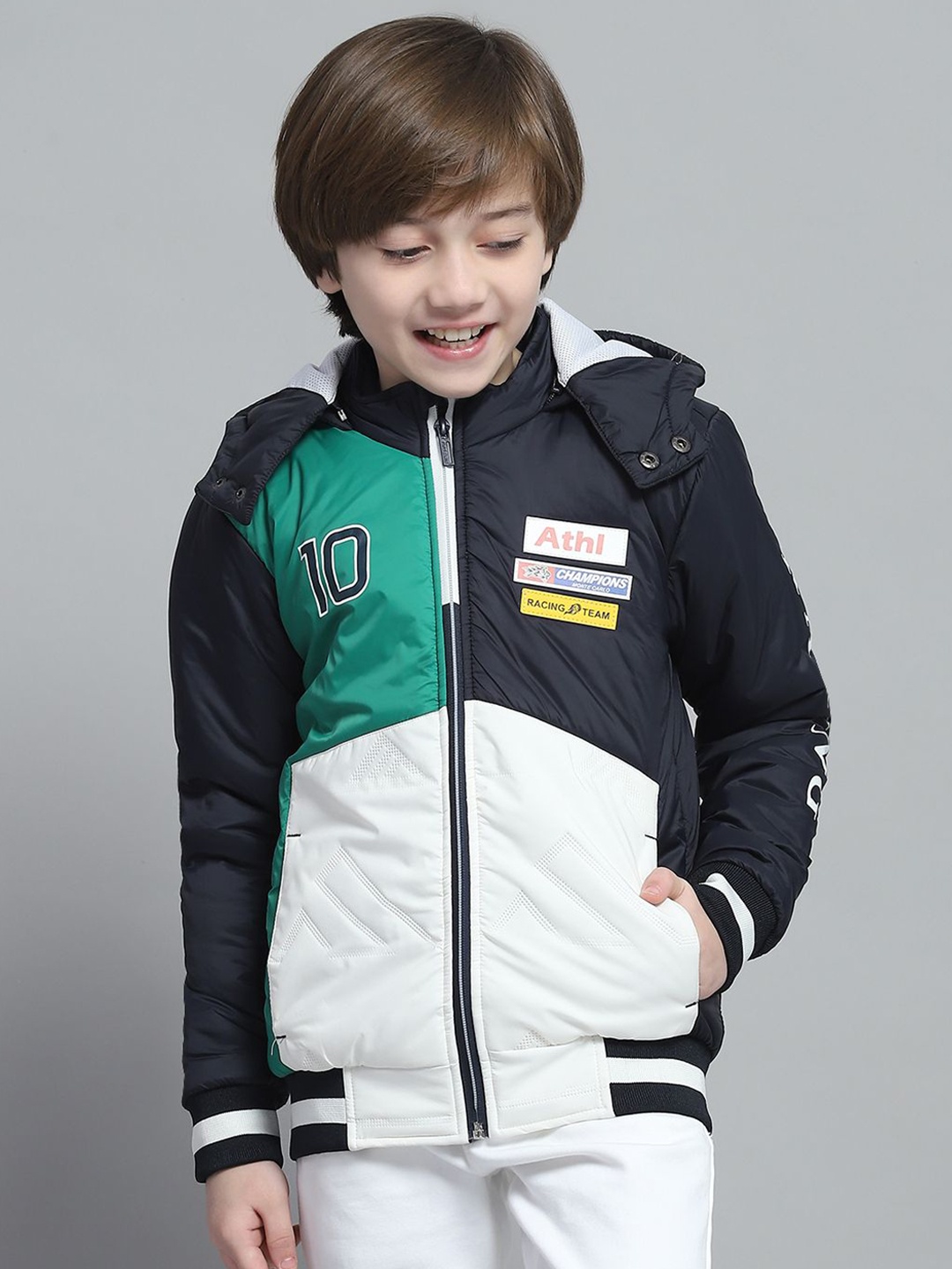 

Monte Carlo Boys Hooded Colourblocked Casual Lightweight Bomber Jacket, Navy blue
