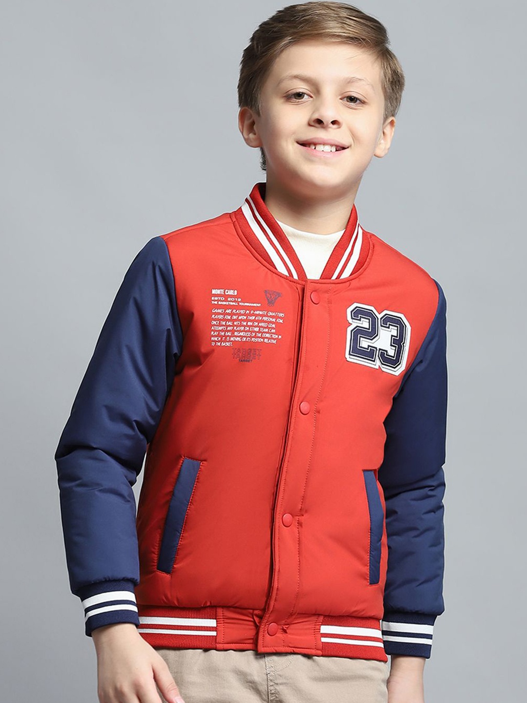 

Monte Carlo Boys Stand Collar Colourblocked Casual Lightweight Bomber Jacket, Red