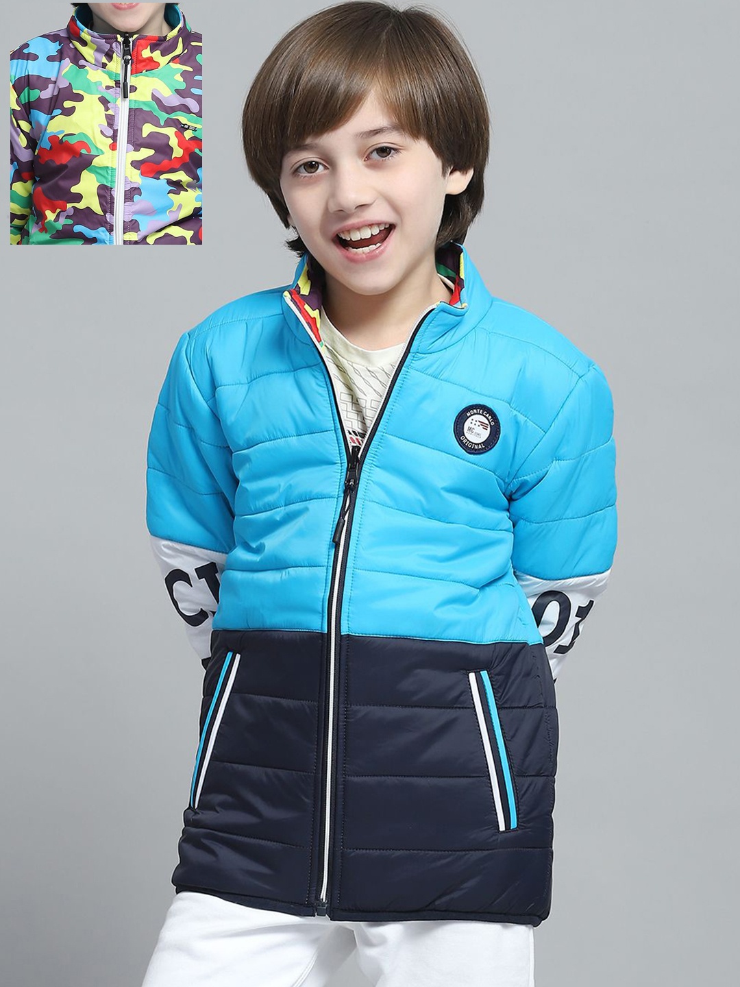 

Monte Carlo Boys Mock Collar Colourblocked Casual Reversible Padded Jacket, Blue