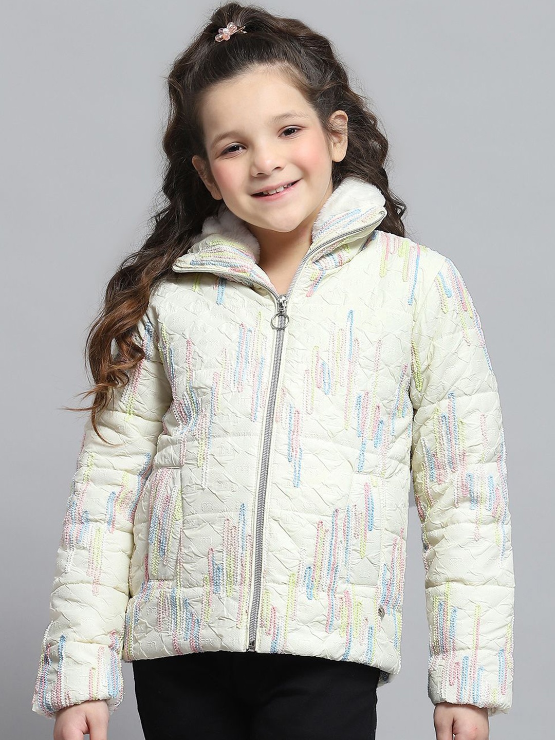 

Monte Carlo Girls Mock Collar Self Design Casual Lightweight Padded Jacket, Off white