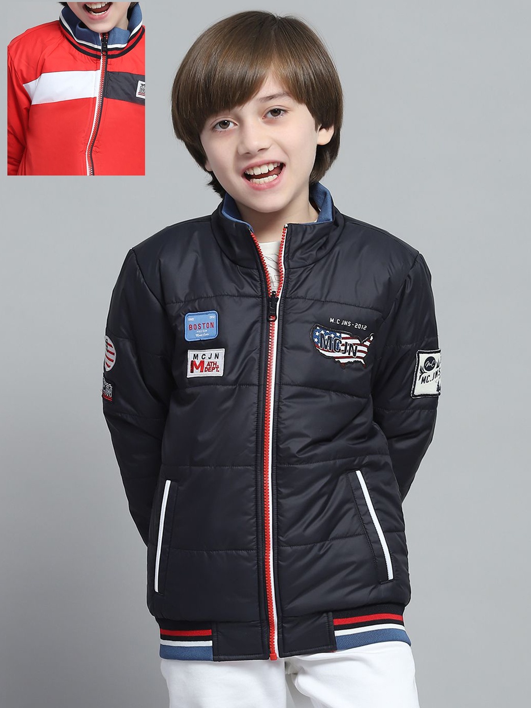 

Monte Carlo Boys Mock Collar Striped Casual Reversible Bomber Jacket, Black