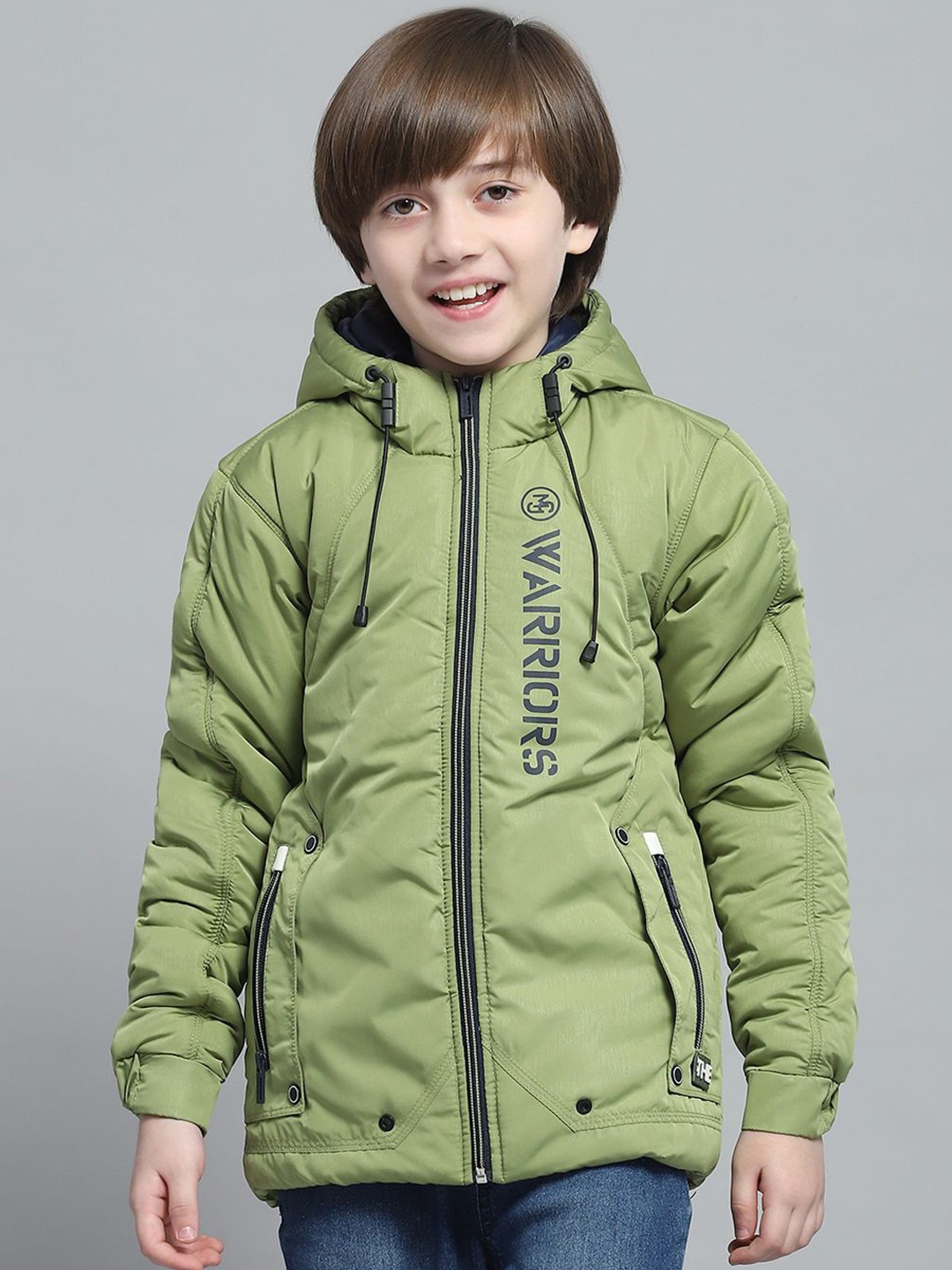 

Monte Carlo Boys Hooded Typography Printed Casual Lightweight Padded Jacket, Green