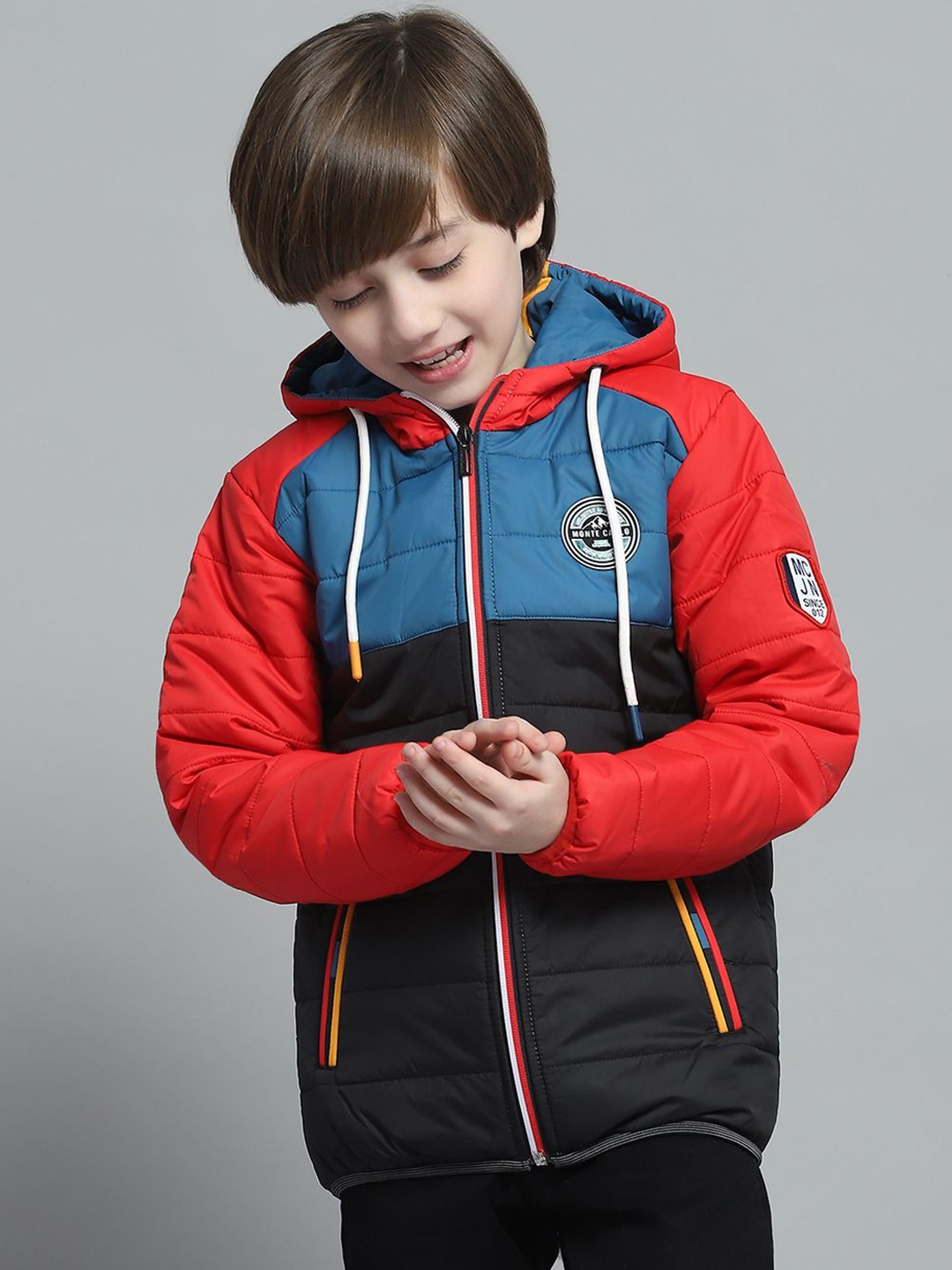 

Monte Carlo Boys Hooded Colourblocked Casual Lightweight Padded Jacket, Black