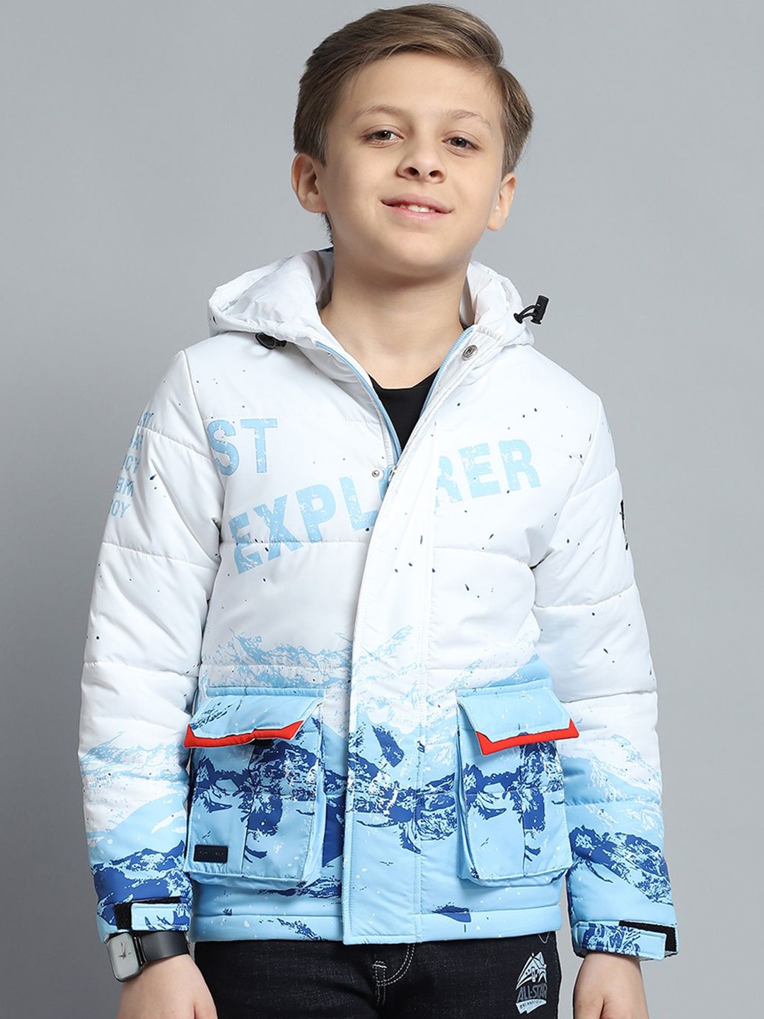 

Monte Carlo Boys Hooded Graphic Printed Casual Lightweight Puffer Jacket, White