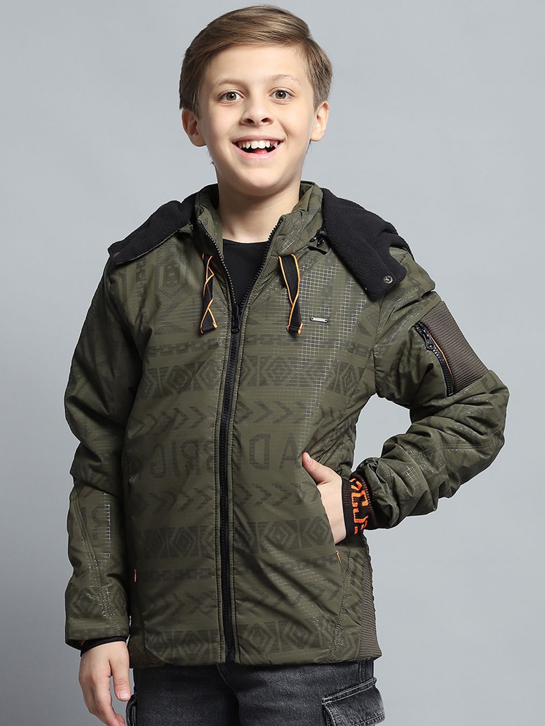 

Monte Carlo Boys Hooded Geometric Printed Casual Lightweight Padded Jacket, Olive