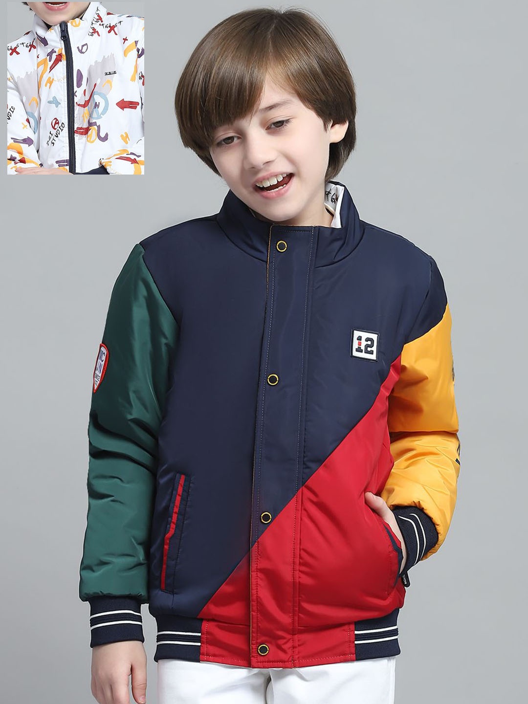 

Monte Carlo Boys Mock Collar Colourblocked Casual Reversible Bomber Jacket, Navy blue