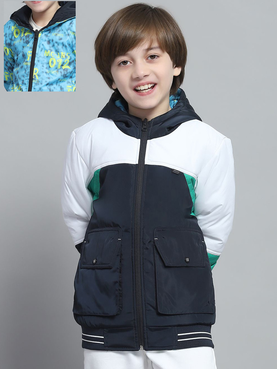 

Monte Carlo Boys Hooded Colourblocked Casual Reversible Bomber Jacket, Navy blue