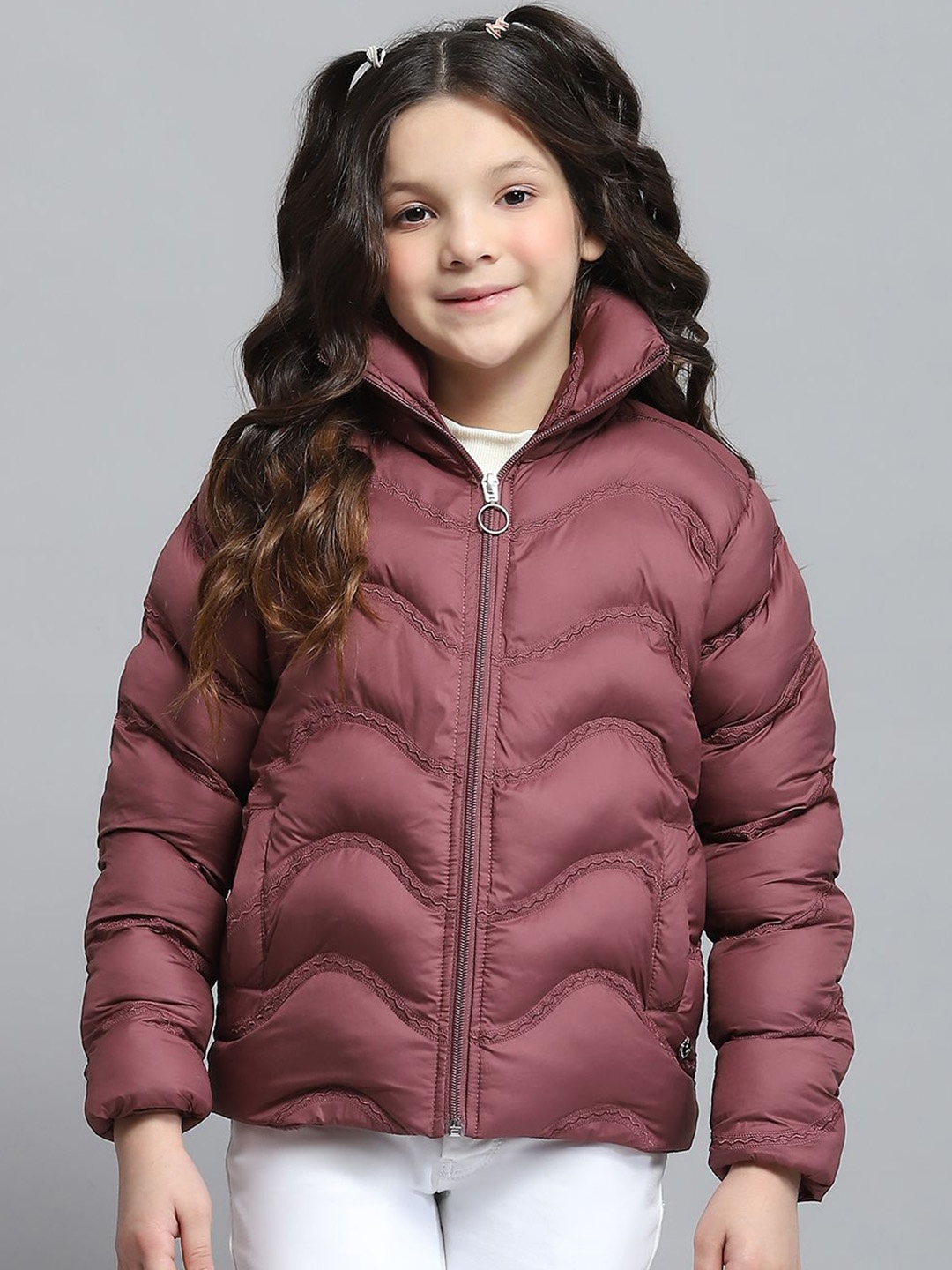 Monte Carlo Girls Mock Collar Solid Casual Lightweight Puffer Jacket, Maroon