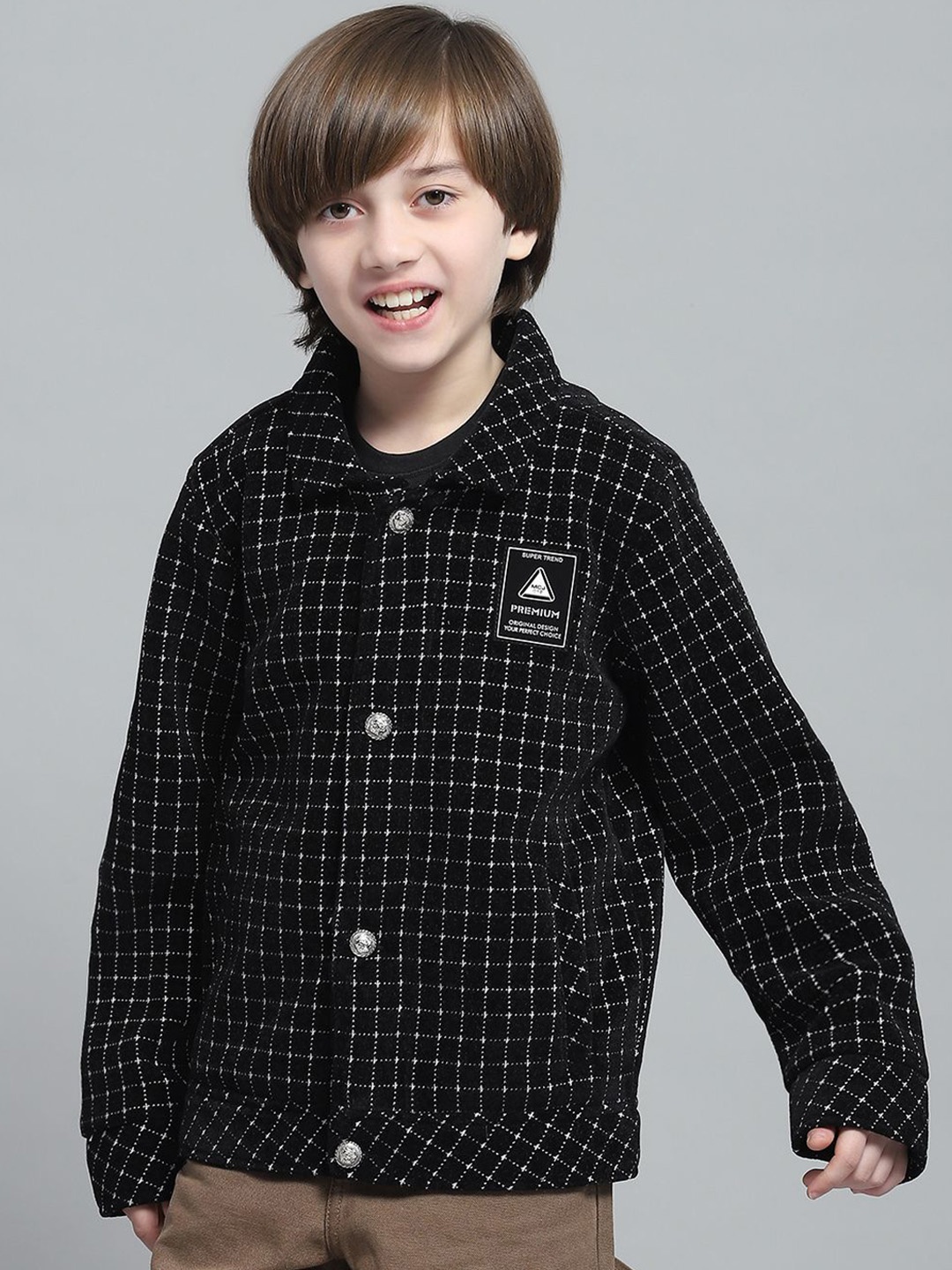 

Monte Carlo Boys Spread Collar Checked Casual Lightweight Tailored Jacket, Black