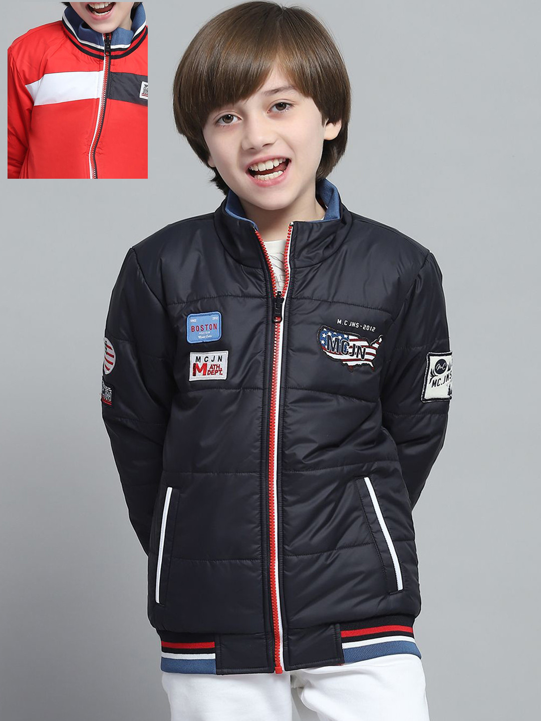 

Monte Carlo Boys Mock Collar Striped Casual Reversible Bomber Jacket, Navy blue