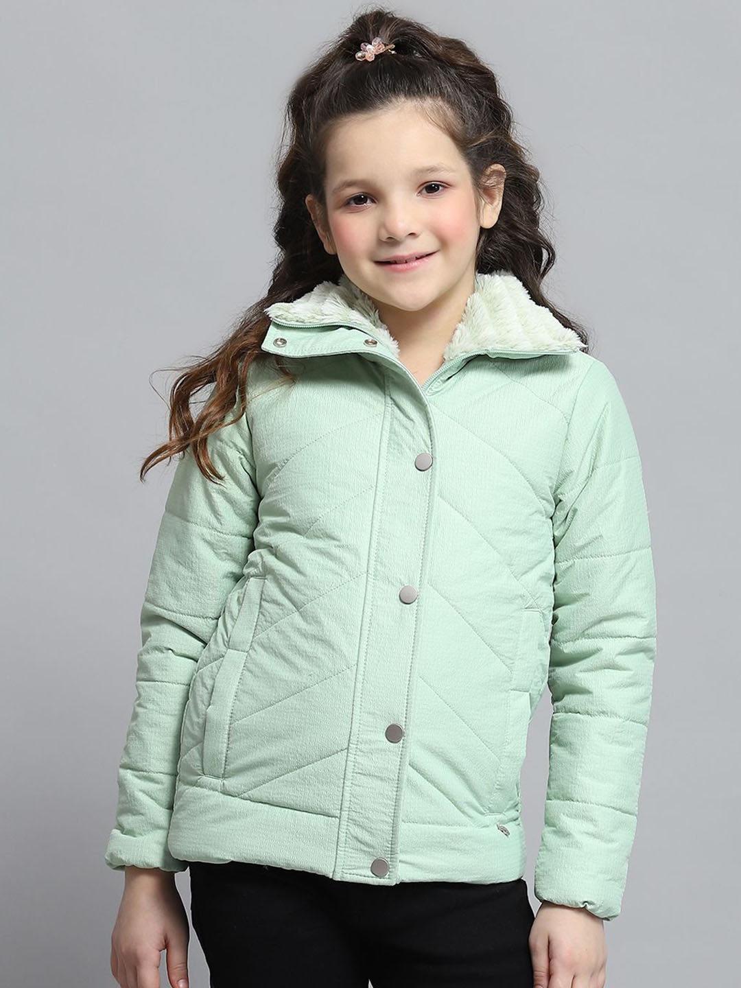 

Monte Carlo Girls Mock Collar Self Design Casual Lightweight Parka Jacket, Green
