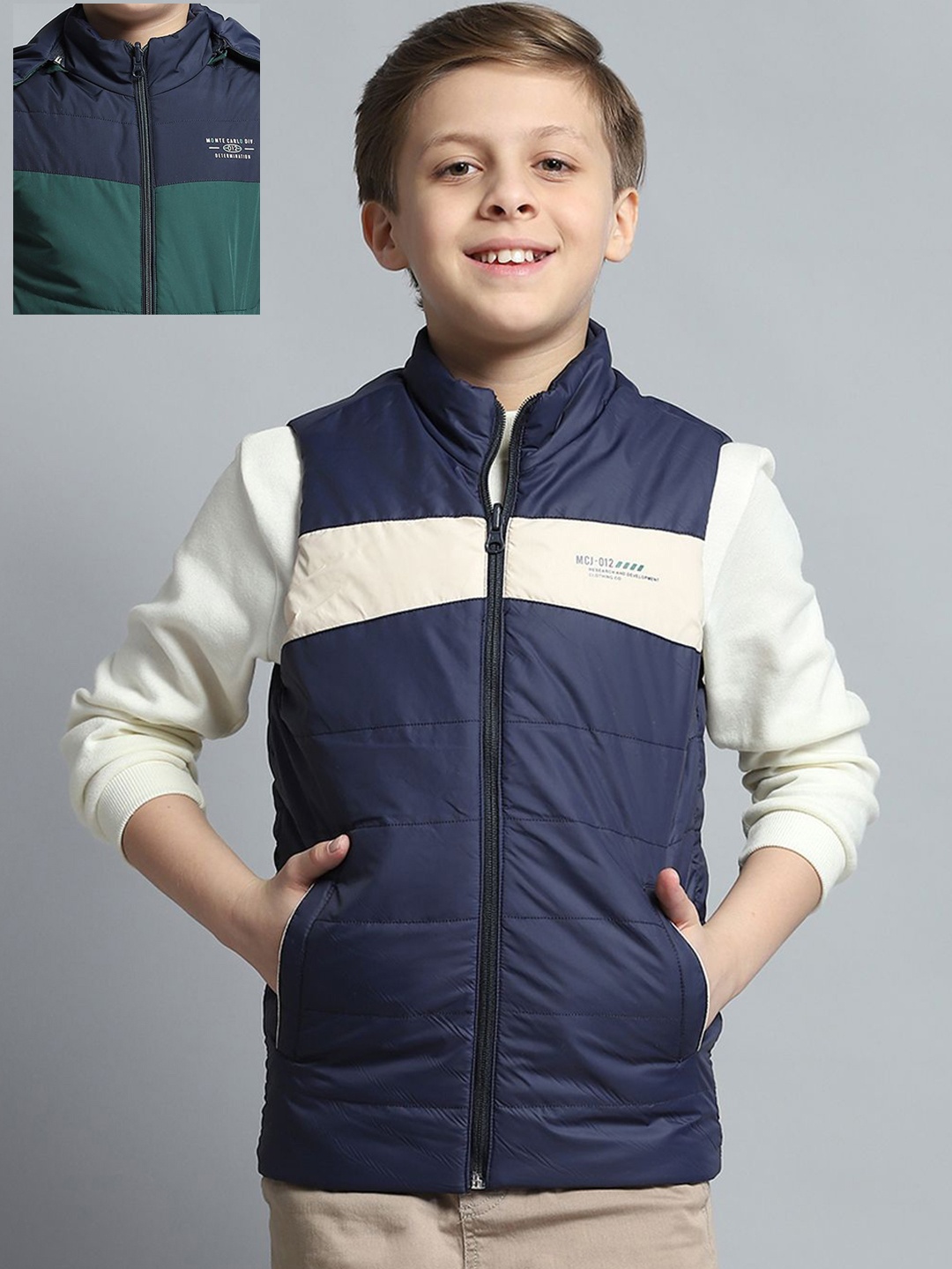 

Monte Carlo Boys Hooded Colourblocked Casual Reversible Gilet Jacket, Olive