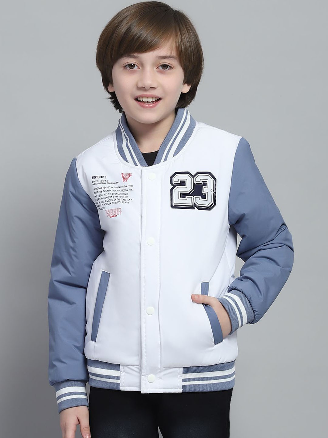 

Monte Carlo Boys Stand Collar Colourblocked Casual Lightweight Varsity Jacket, White