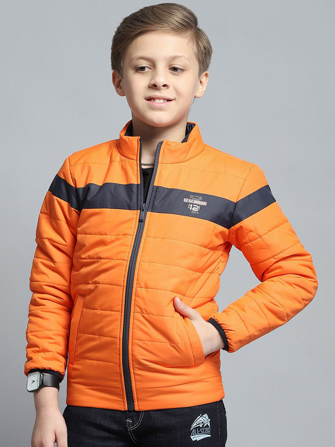 

Monte Carlo Boys Mock Collar Striped Casual Lightweight Padded Jacket, Orange