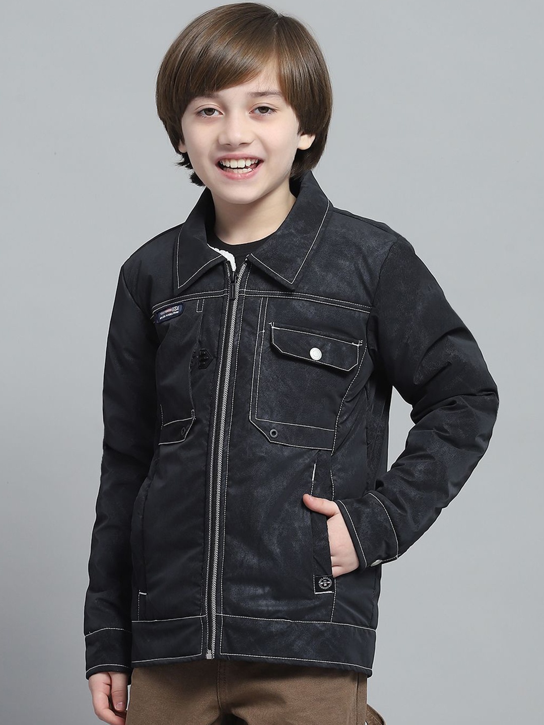 

Monte Carlo Boys Spread Collar Solid Casual Lightweight Denim Jacket, Black