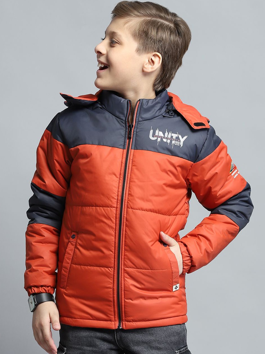 Monte Carlo Boys Hooded Colourblocked Casual Lightweight Padded Jacket, Red