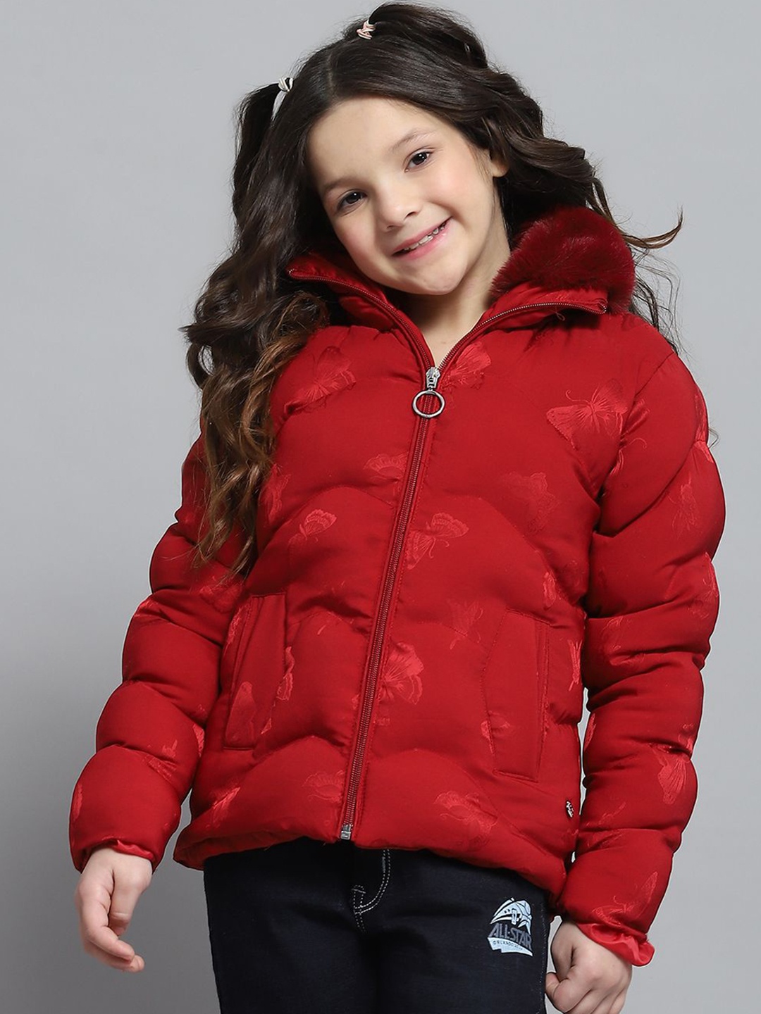 

Monte Carlo Girls Mock Collar Conversational Printed Casual Lightweight Puffer Jacket, Red