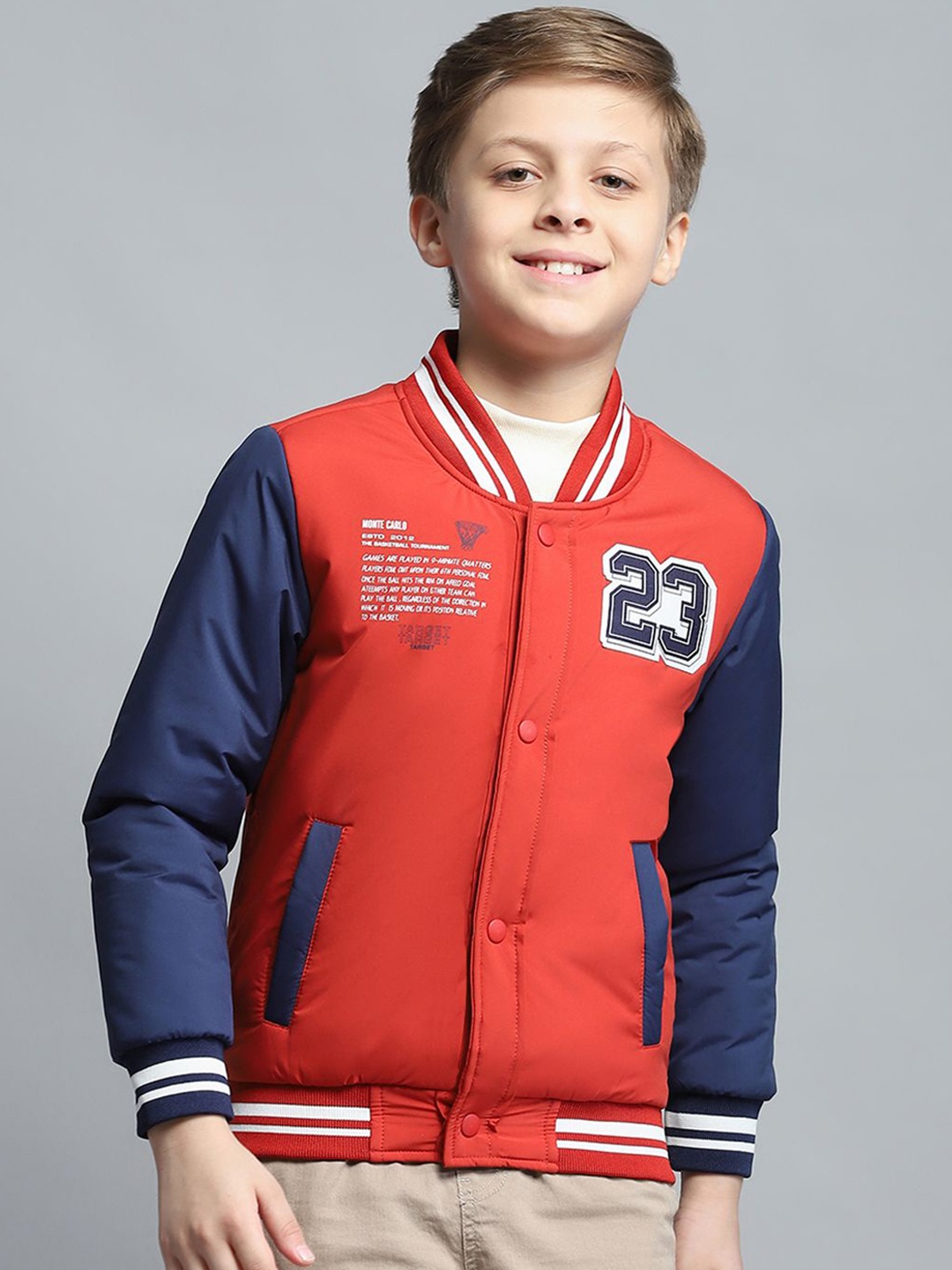 

Monte Carlo Boys Stand Collar Colourblocked Casual Lightweight Bomber Jacket, Red