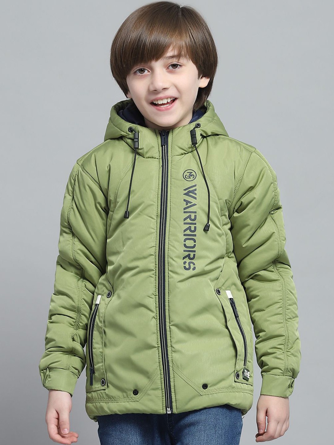 

Monte Carlo Boys Hooded Typography Printed Casual Lightweight Padded Jacket, Green