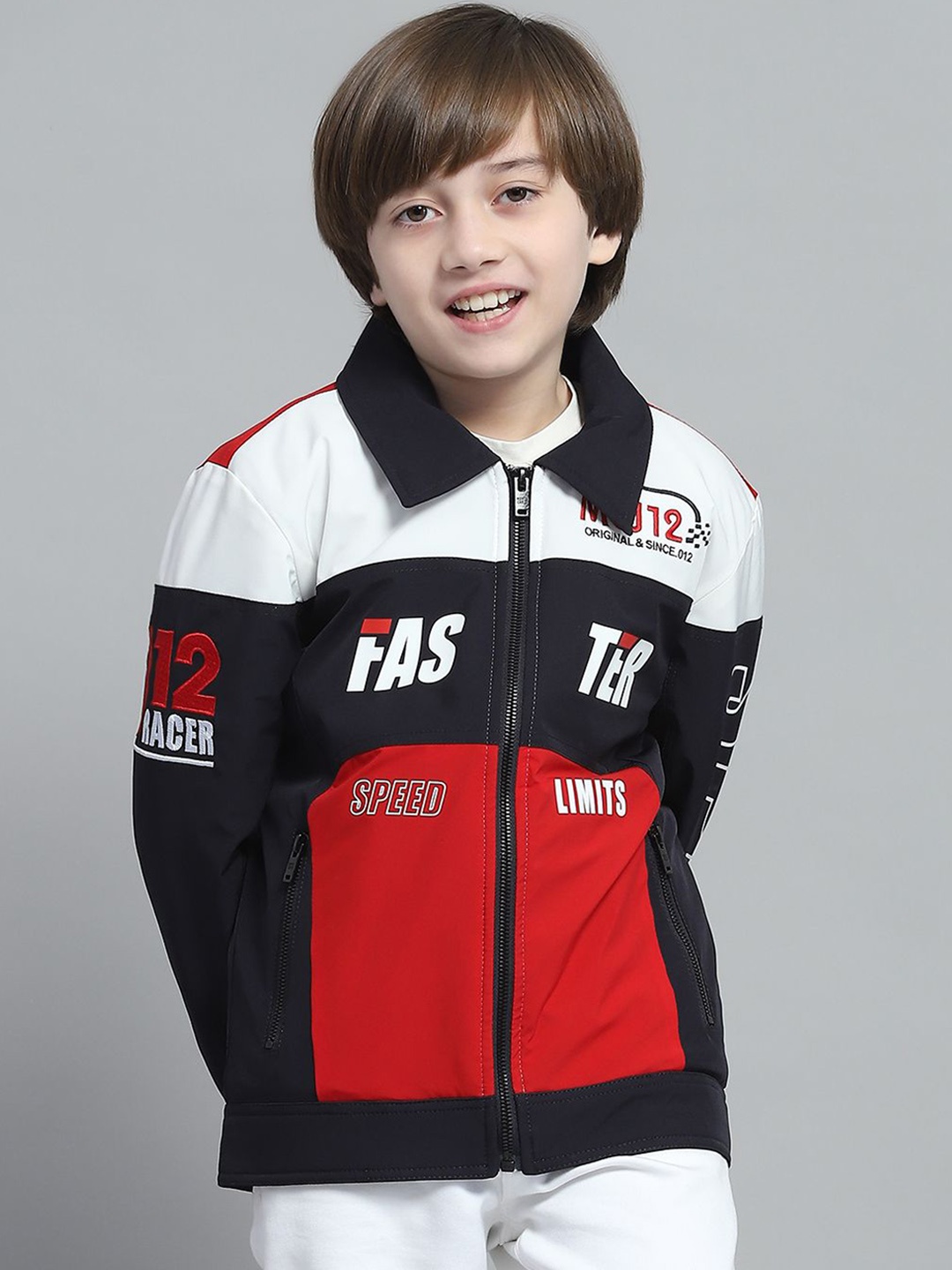 

Monte Carlo Boys Spread Collar Colourblocked Casual Lightweight Biker Jacket, Navy blue