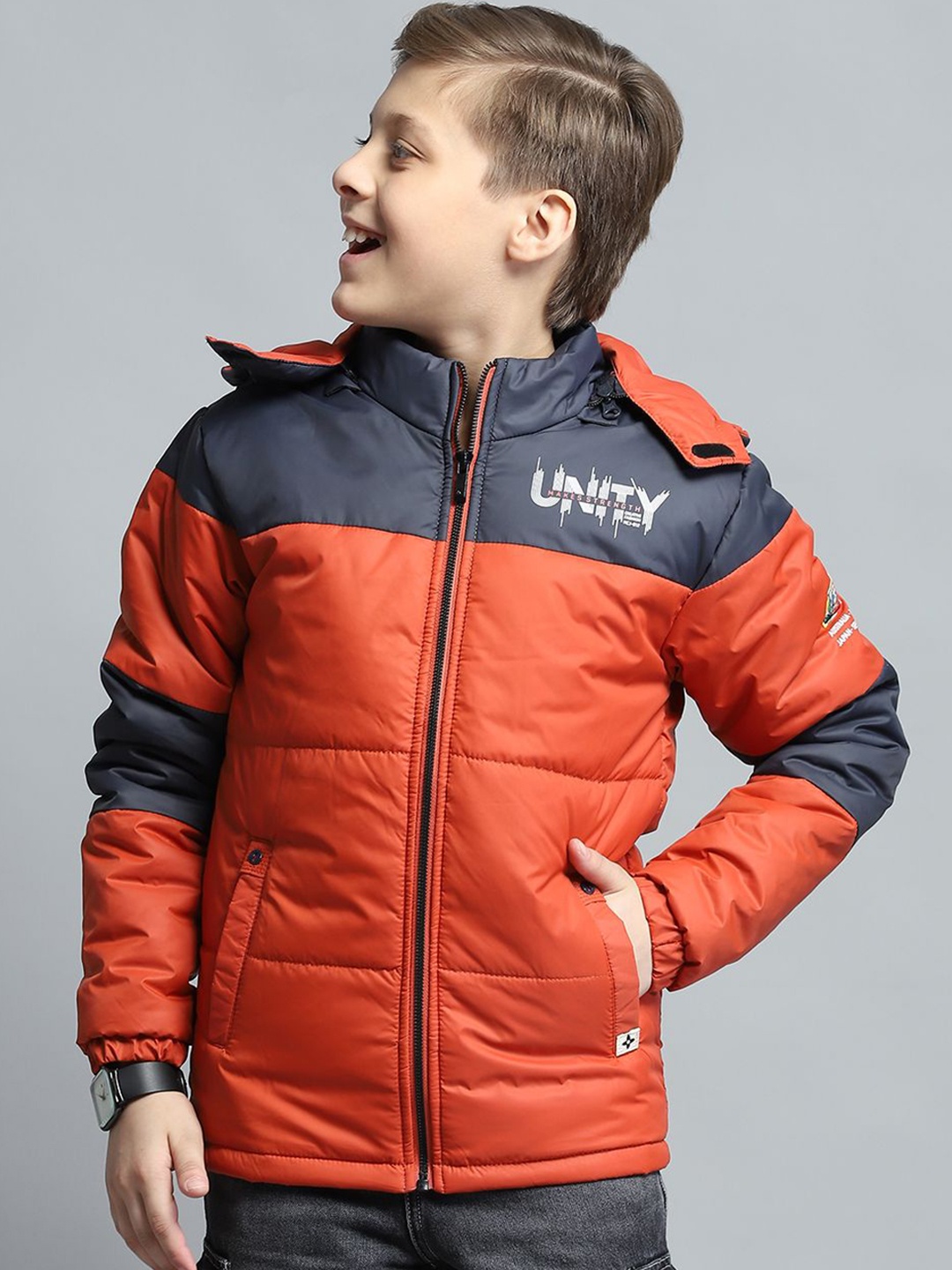 

Monte Carlo Boys Hooded Colourblocked Casual Lightweight Padded Jacket, Red