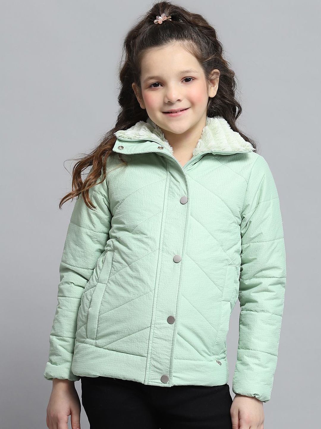 

Monte Carlo Girls Mock Collar Self Design Casual Lightweight Parka Jacket, Sea green