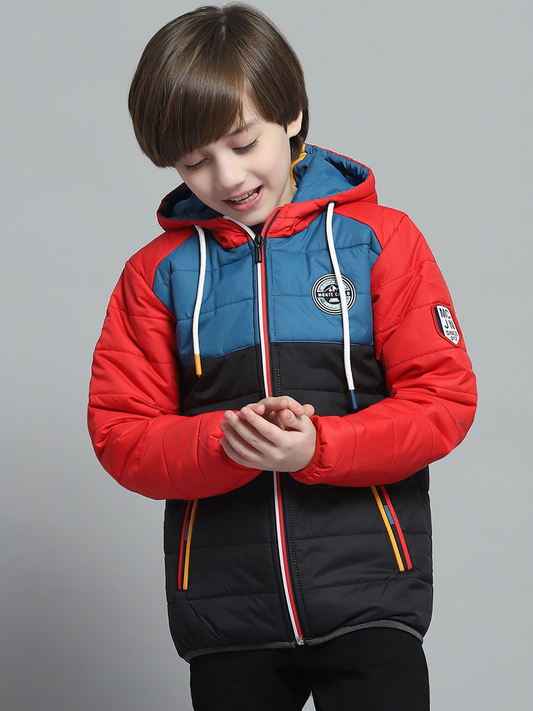 

Monte Carlo Boys Hooded Colourblocked Casual Lightweight Padded Jacket, Black